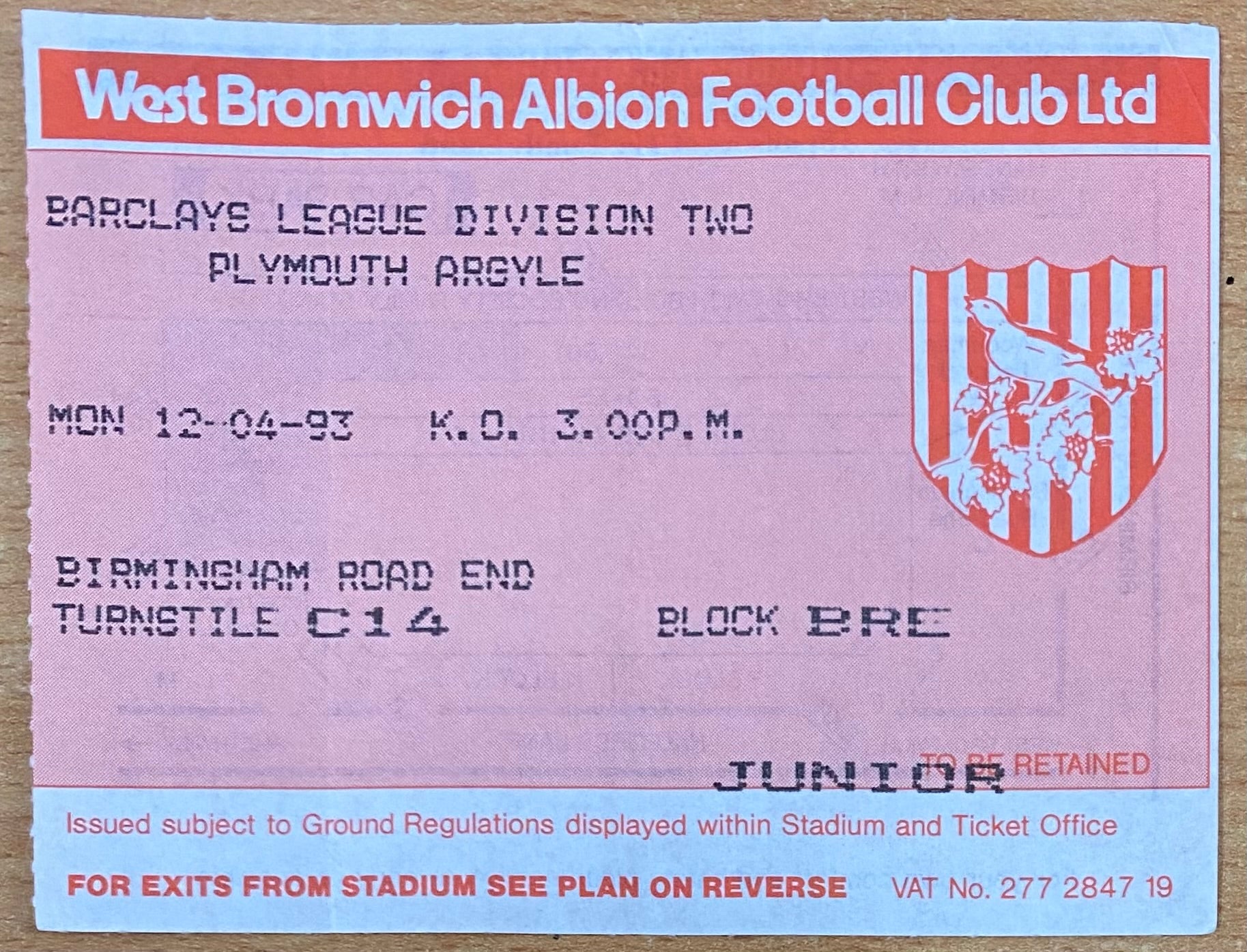 1992/93 ORIGINAL DIVISION 2 TICKET WEST BROMWICH ALBION V PLYMOUTH ARGYLE