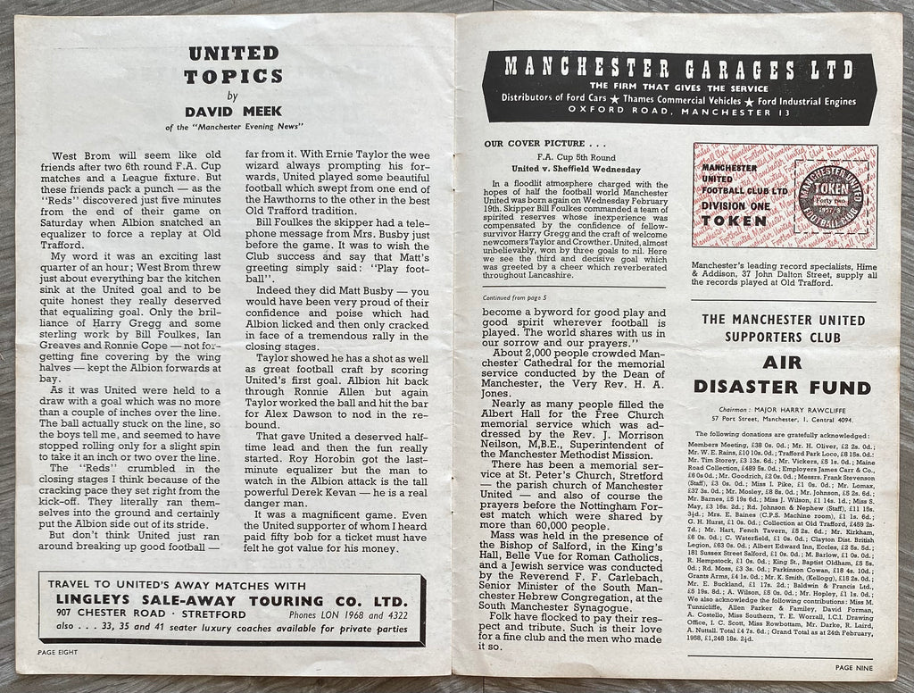 1957/58 ORIGINAL FA CUP 6TH ROUND REPLAY PROGRAMME MANCHESTER UNITED V WEST BROMWICH ALBION