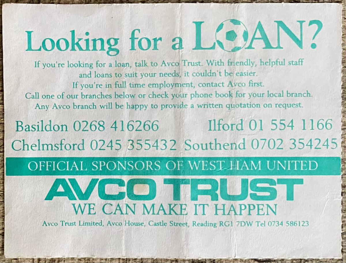 1988/89 ORIGINAL DIVISION ONE TICKET WEST HAM UNITED V NORWICH CITY