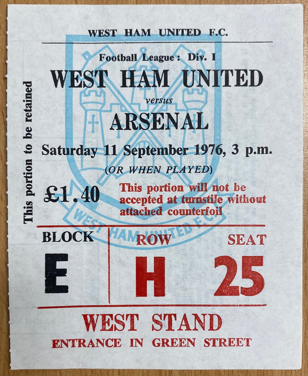 1976/77 ORIGINAL DIVISION ONE TICKET WEST HAM UNITED V ARSENAL