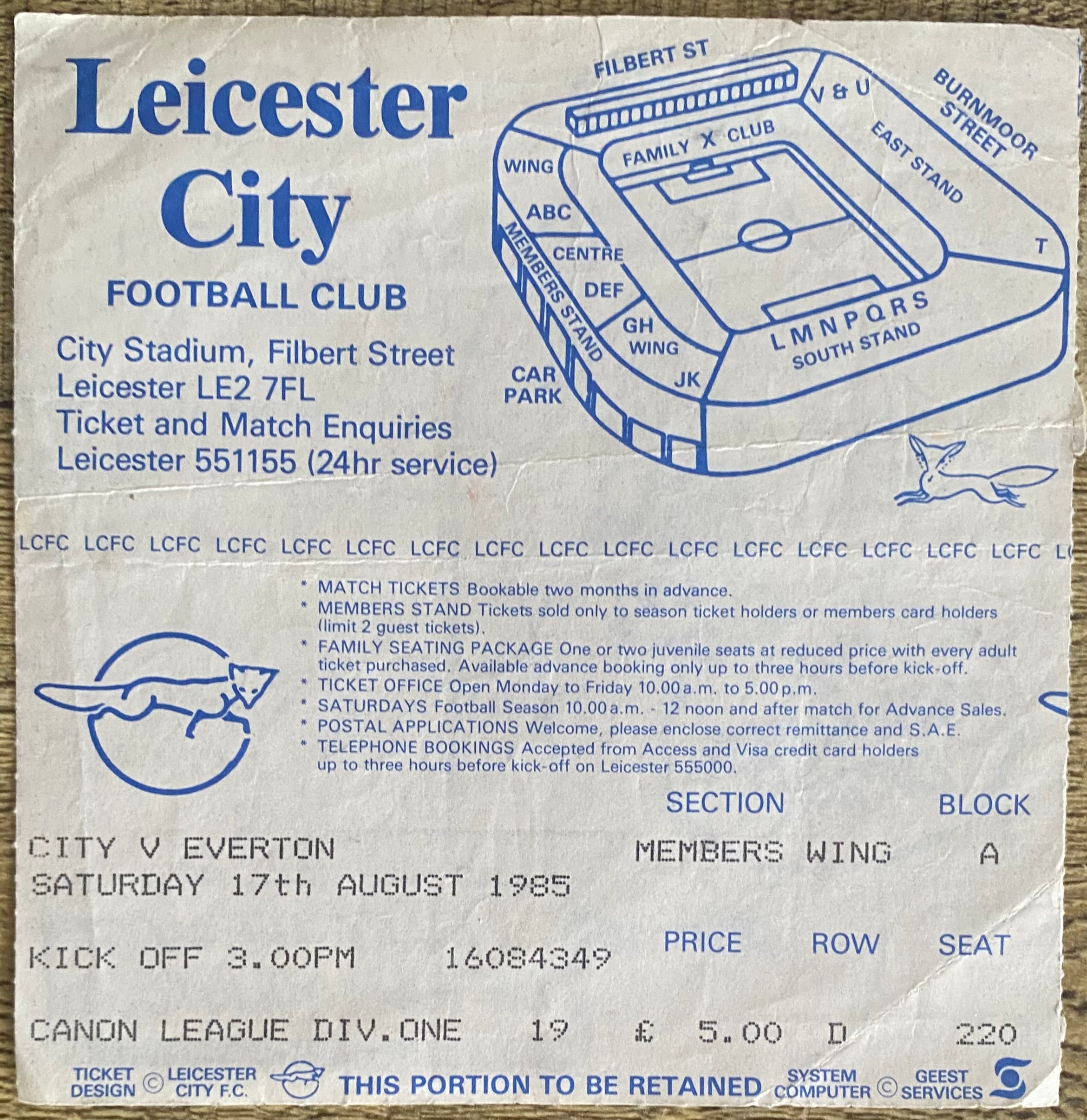 1985/86 ORIGINAL DIVISION 1 TICKET LEICESTER CITY V EVERTON