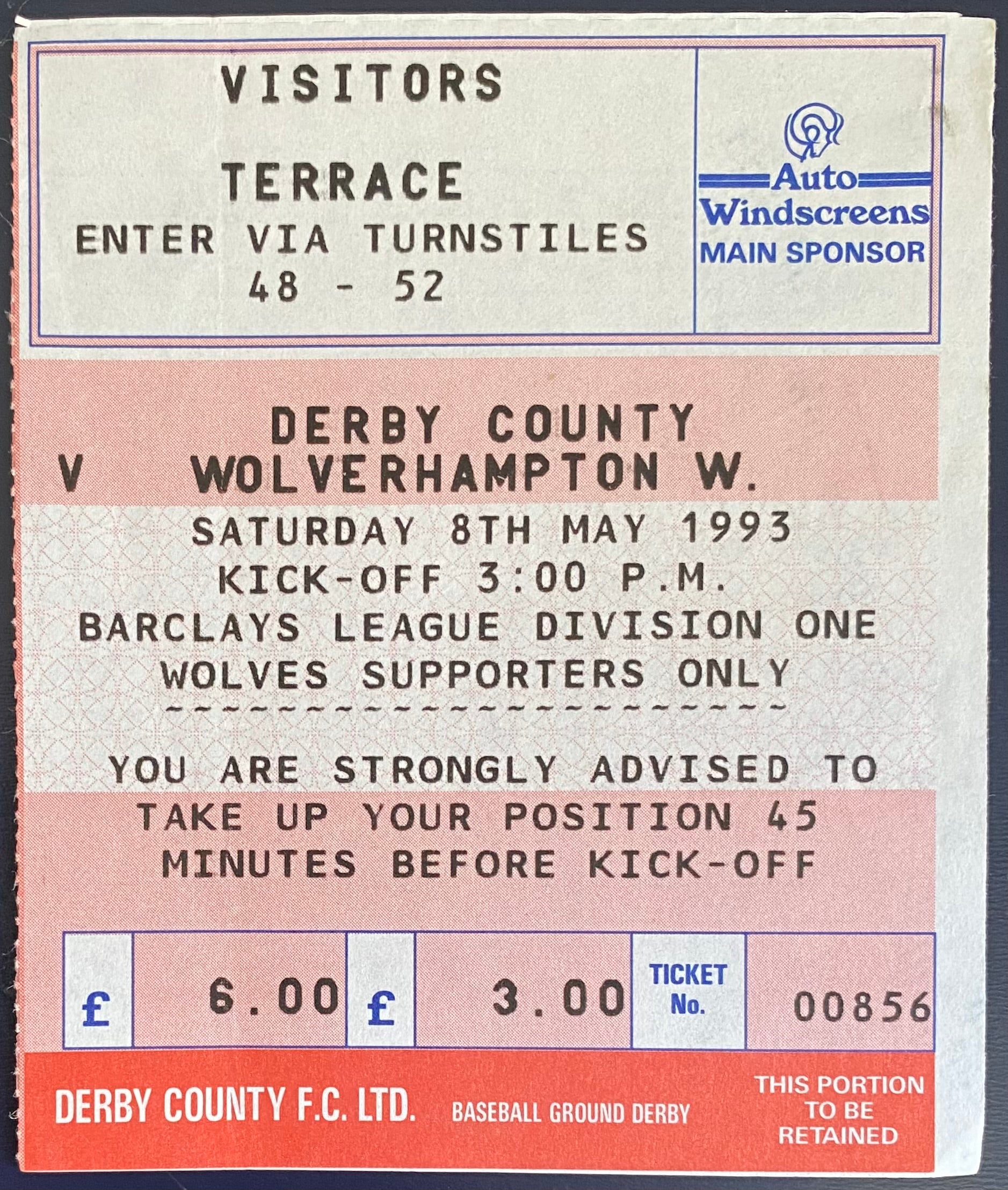 1992/93 ORIGINAL DIVISION 1 TICKET DERBY COUNTY V WOLVERHAMPTON WANDERERS