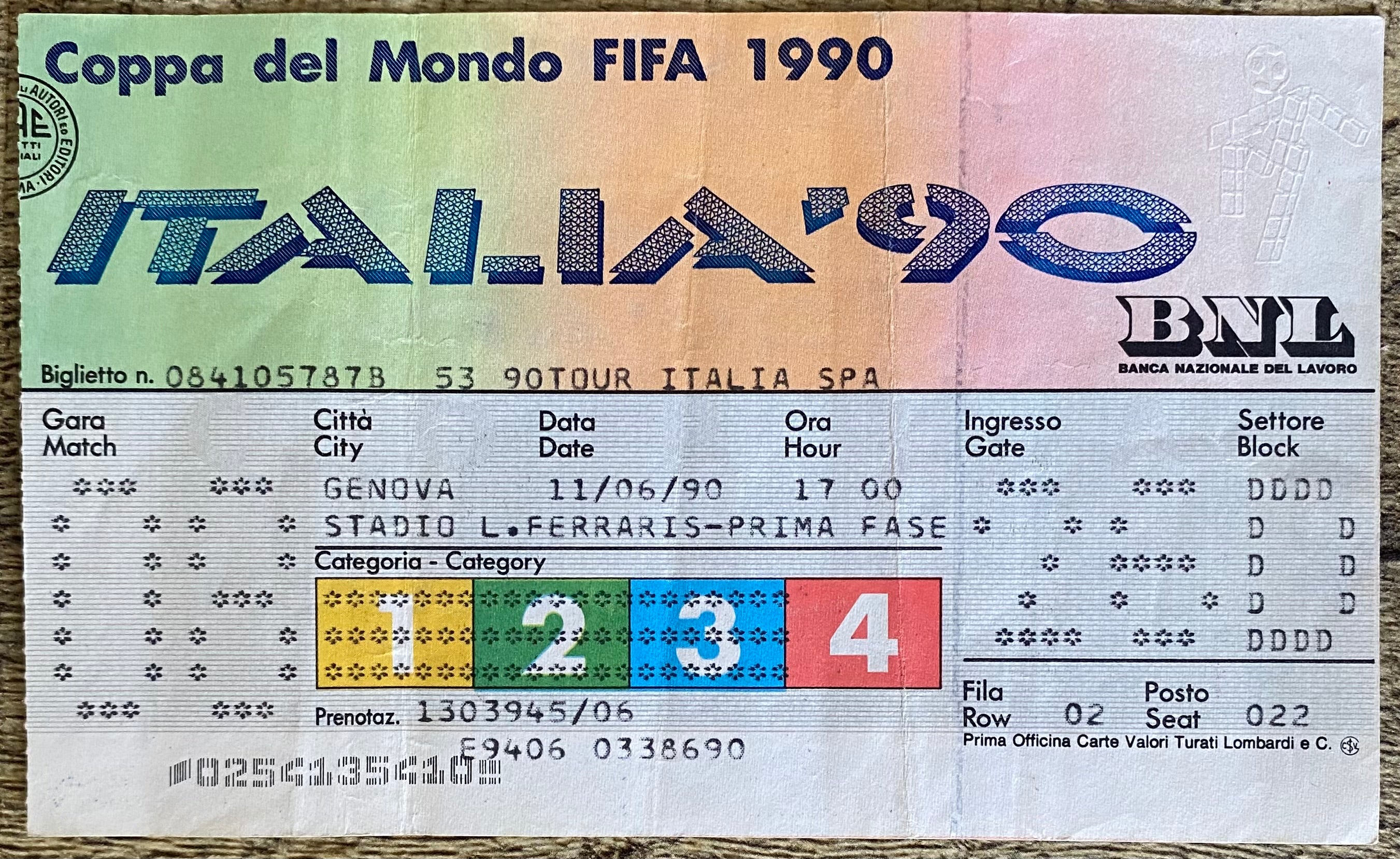 1990 ORIGINAL WORLD CUP 1ST ROUND TICKET SCOTLAND V COSTA RICA @ GENOA