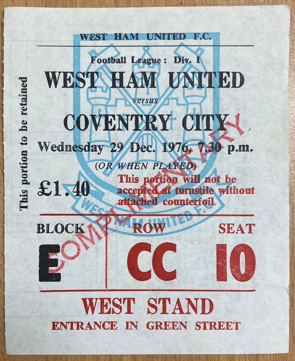 1976/77 ORIGINAL DIVISION ONE TICKET WEST HAM UNITED V COVENTRY CITY
