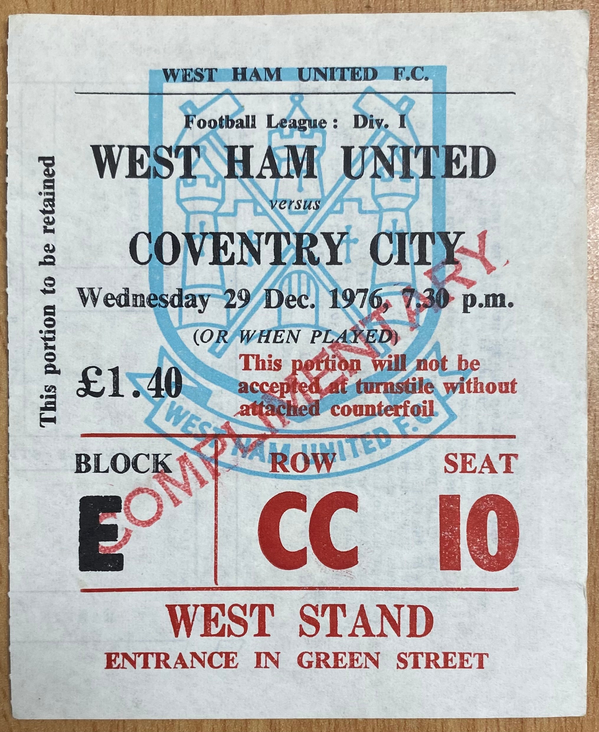 1976/77 ORIGINAL DIVISION ONE TICKET WEST HAM UNITED V COVENTRY CITY