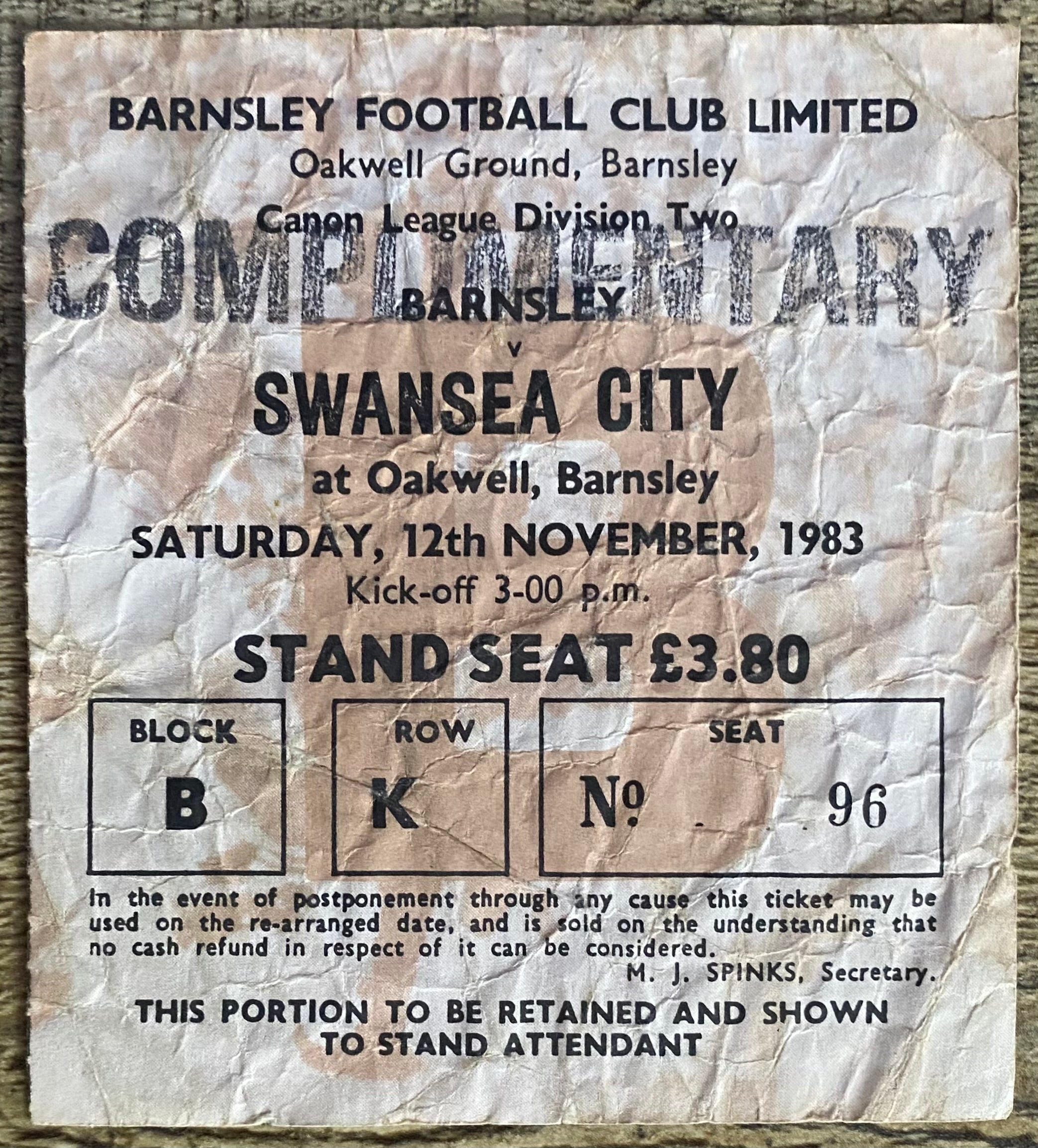 1983/84 ORIGINAL DIVISION 2 TICKET BARNSLEY V SWANSEA CITY