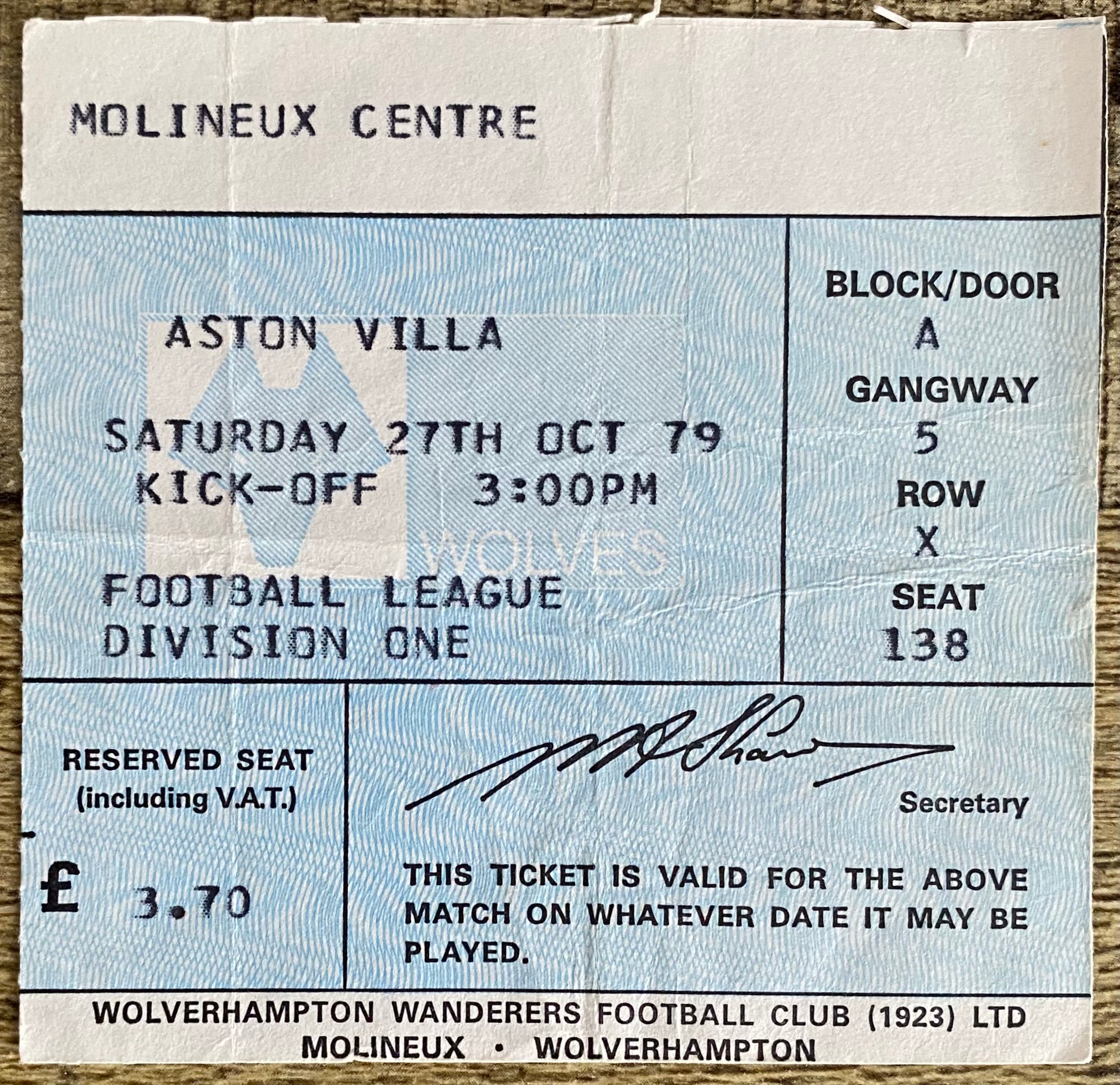 1979/80 ORIGINAL DIVISION 1 TICKET WOLVERHAMPTON WANDERERS V ASTON VILLA