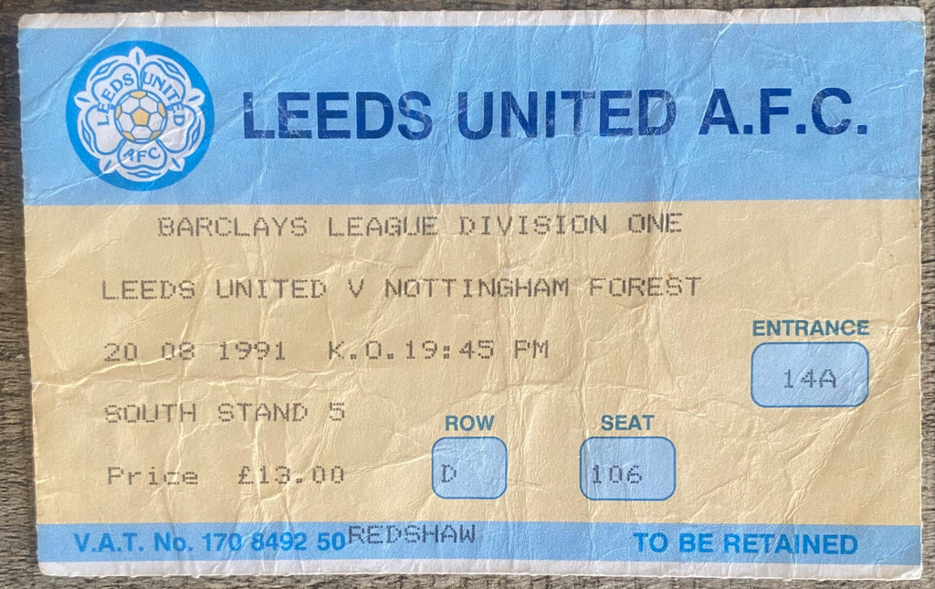 1991/92 ORIGINAL DIVISION 1 TICKET LEEDS UNITED V NOTTINGHAM FOREST