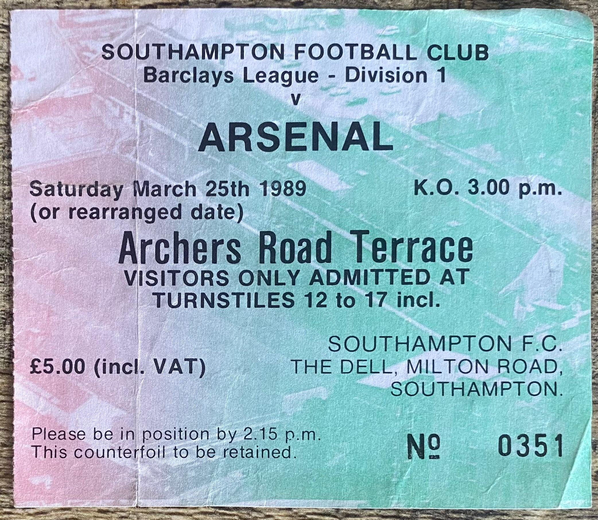 1988/89 ORIGINAL DIVISION ONE TICKET SOUTHAMPTON V ARSENAL