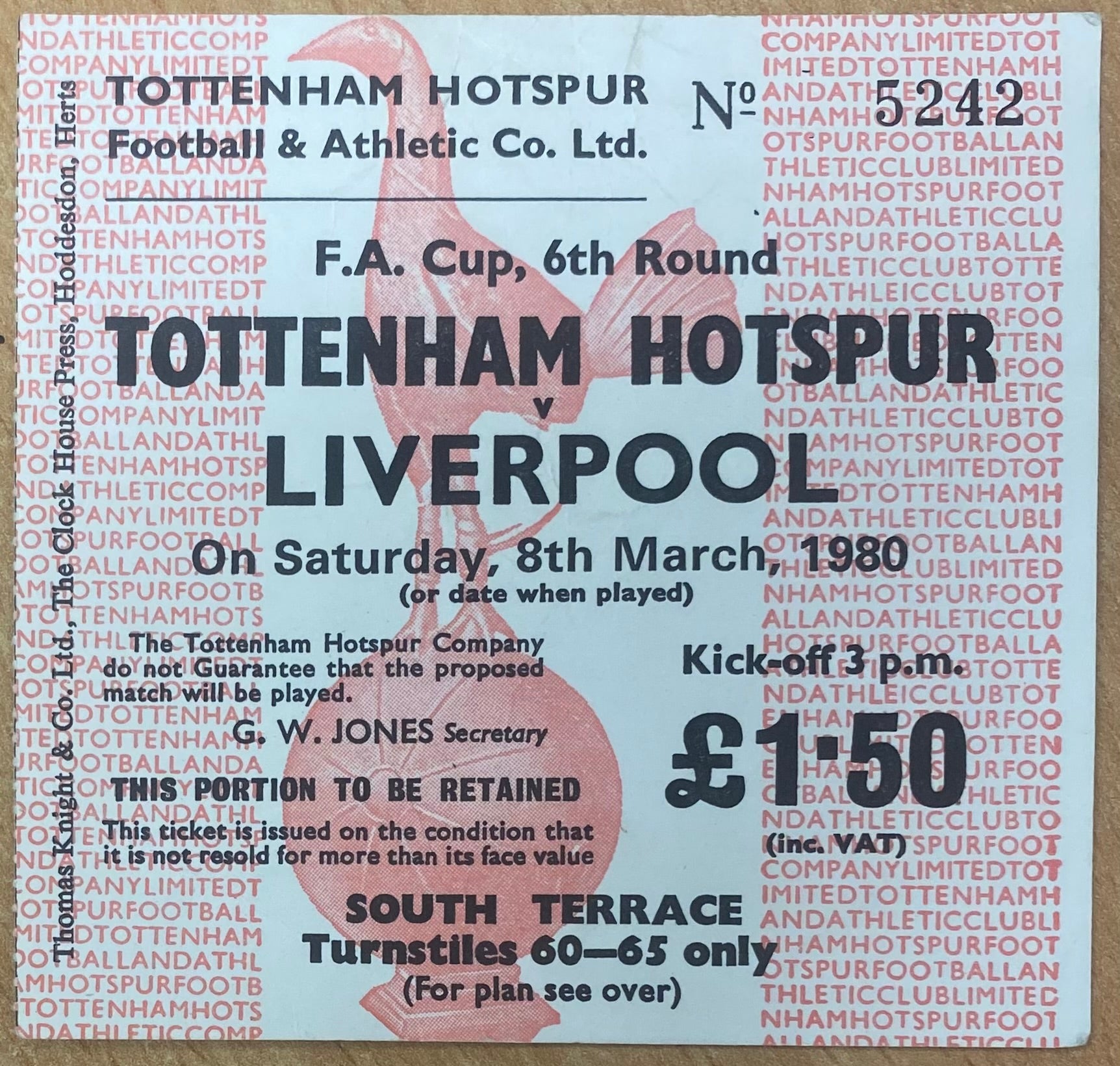 1979/80 ORIGINAL FA CUP 6TH ROUND TICKET TOTTENHAM HOTSPUR V LIVERPOOL