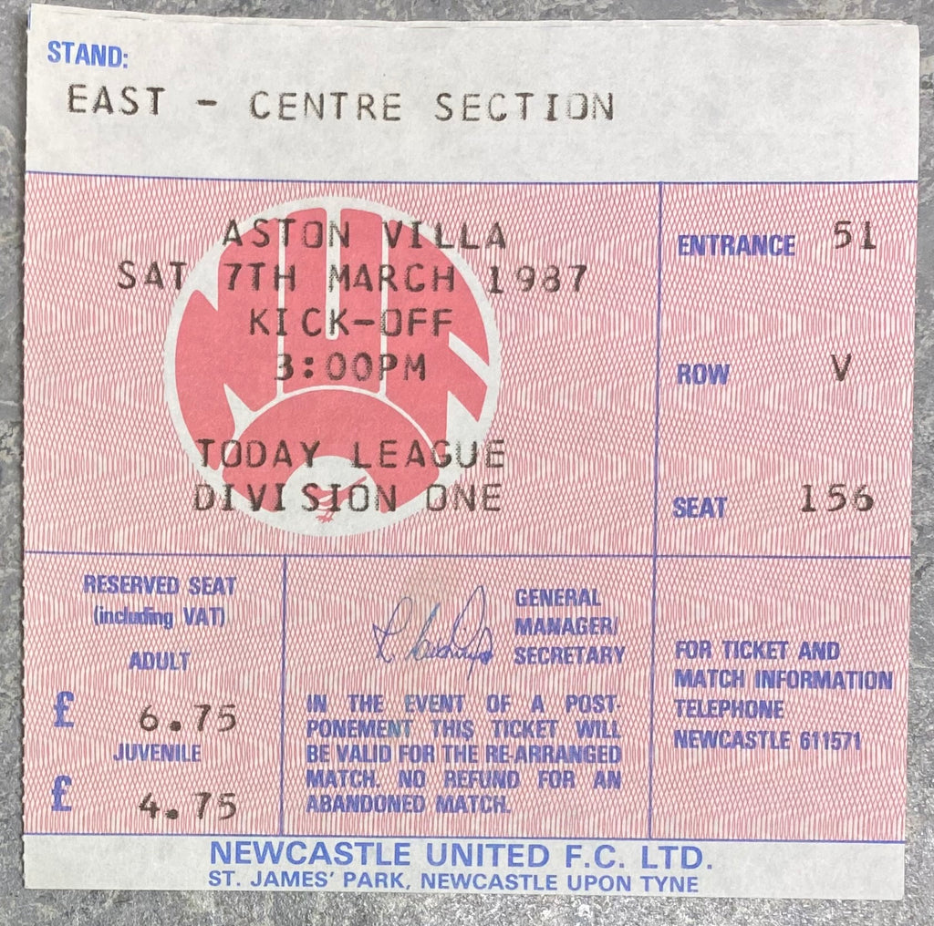 1986/87 ORIGINAL DIVISION ONE TICKET NEWCASTLE UNITED V ASTON VILLA
