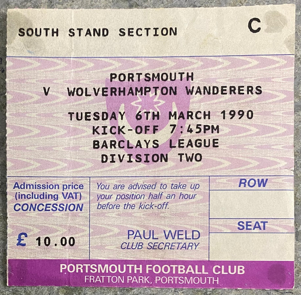 1989/90 ORIGINAL DIVISION 2 TICKET PORTSMOUTH V WOLVERHAMPTON WANDERERS