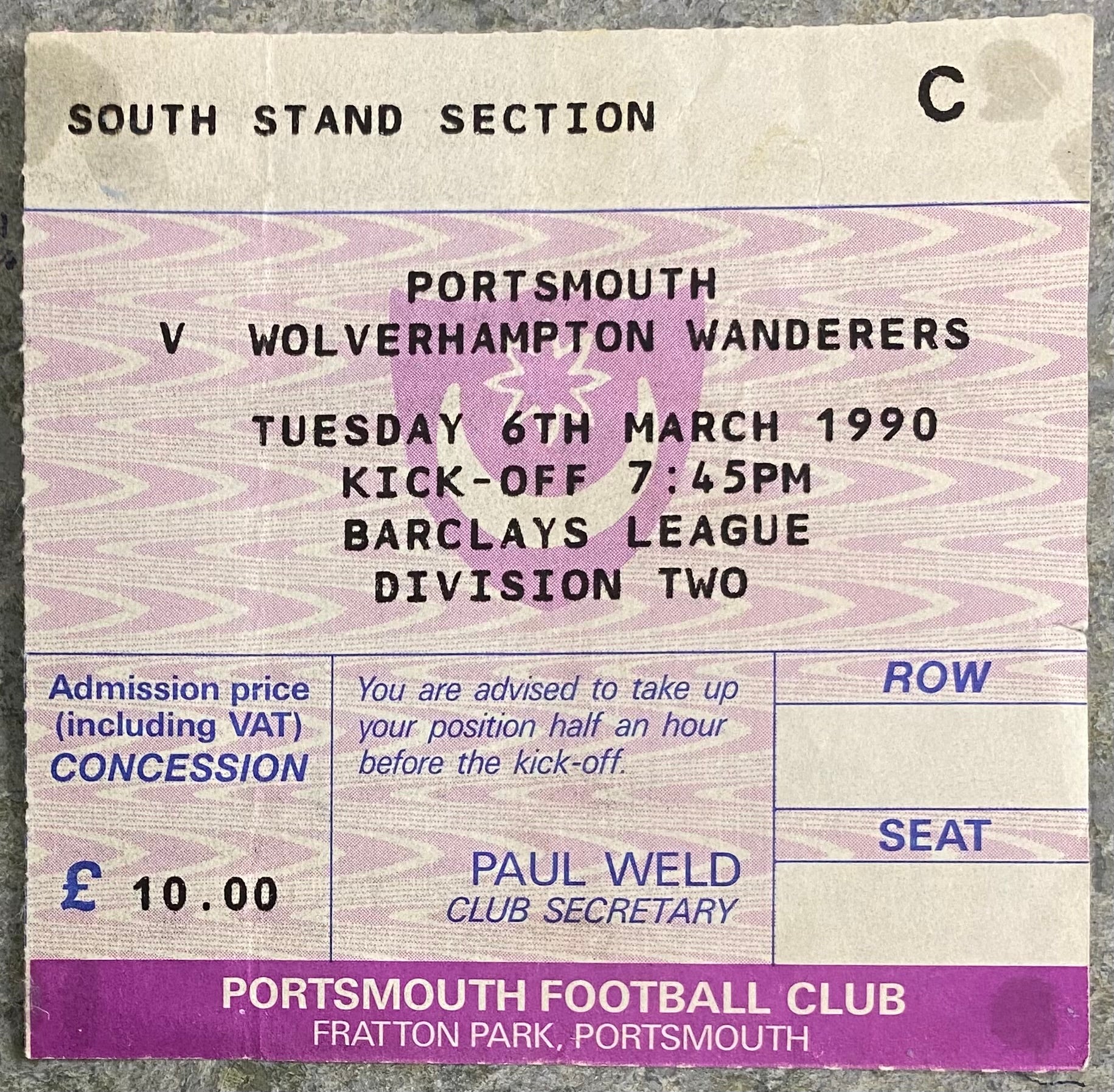 1989/90 ORIGINAL DIVISION 2 TICKET PORTSMOUTH V WOLVERHAMPTON WANDERERS
