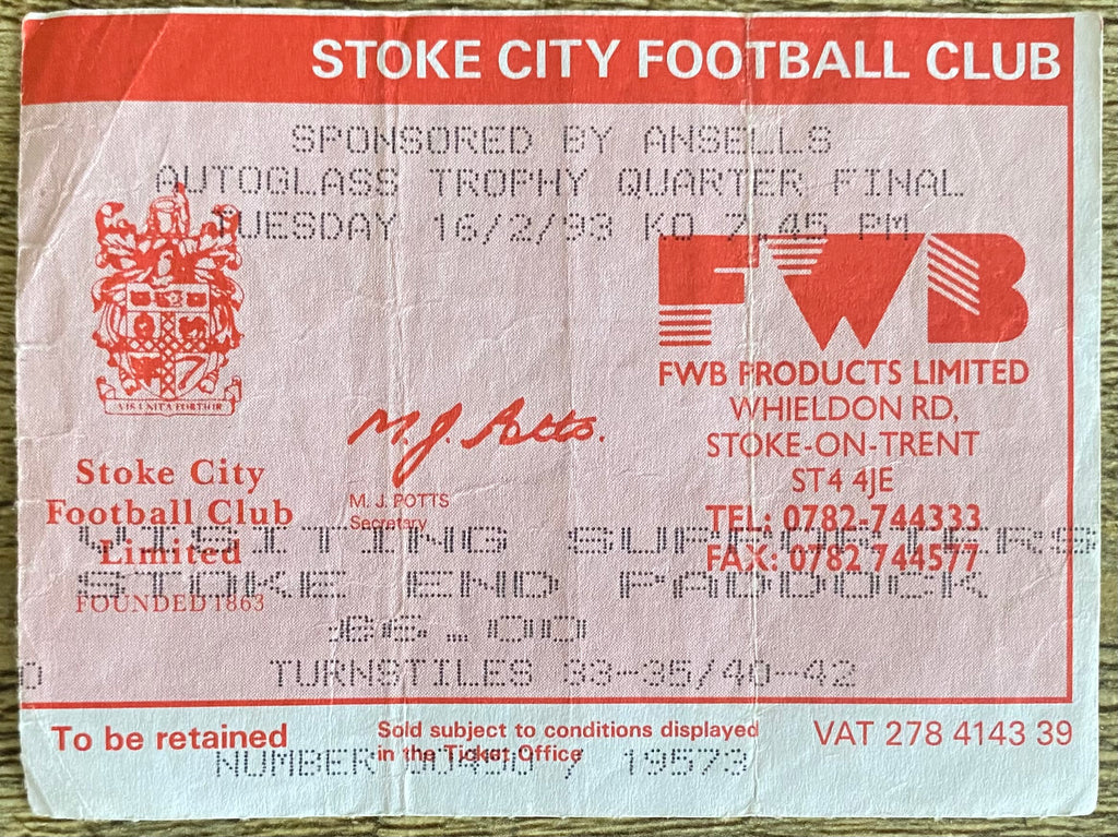 1992/93 ORIGINAL AUTOGLASS TROPHY QUARTER FINAL TICKET STOKE CITY V WEST BROMWICH ALBION