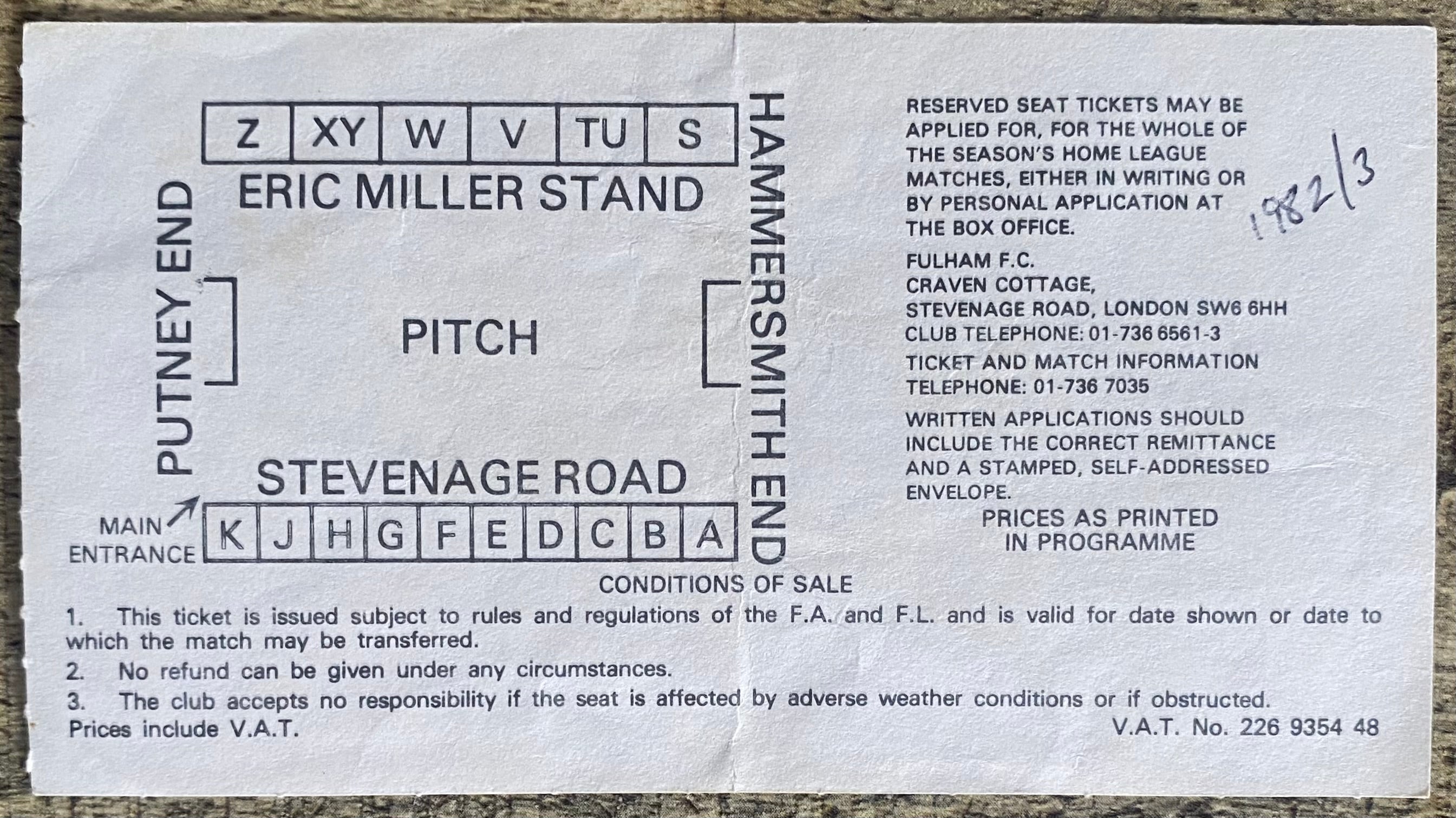 1982/83 ORIGINAL DIVISION 2 TICKET FULHAM V BOLTON WANDERERS