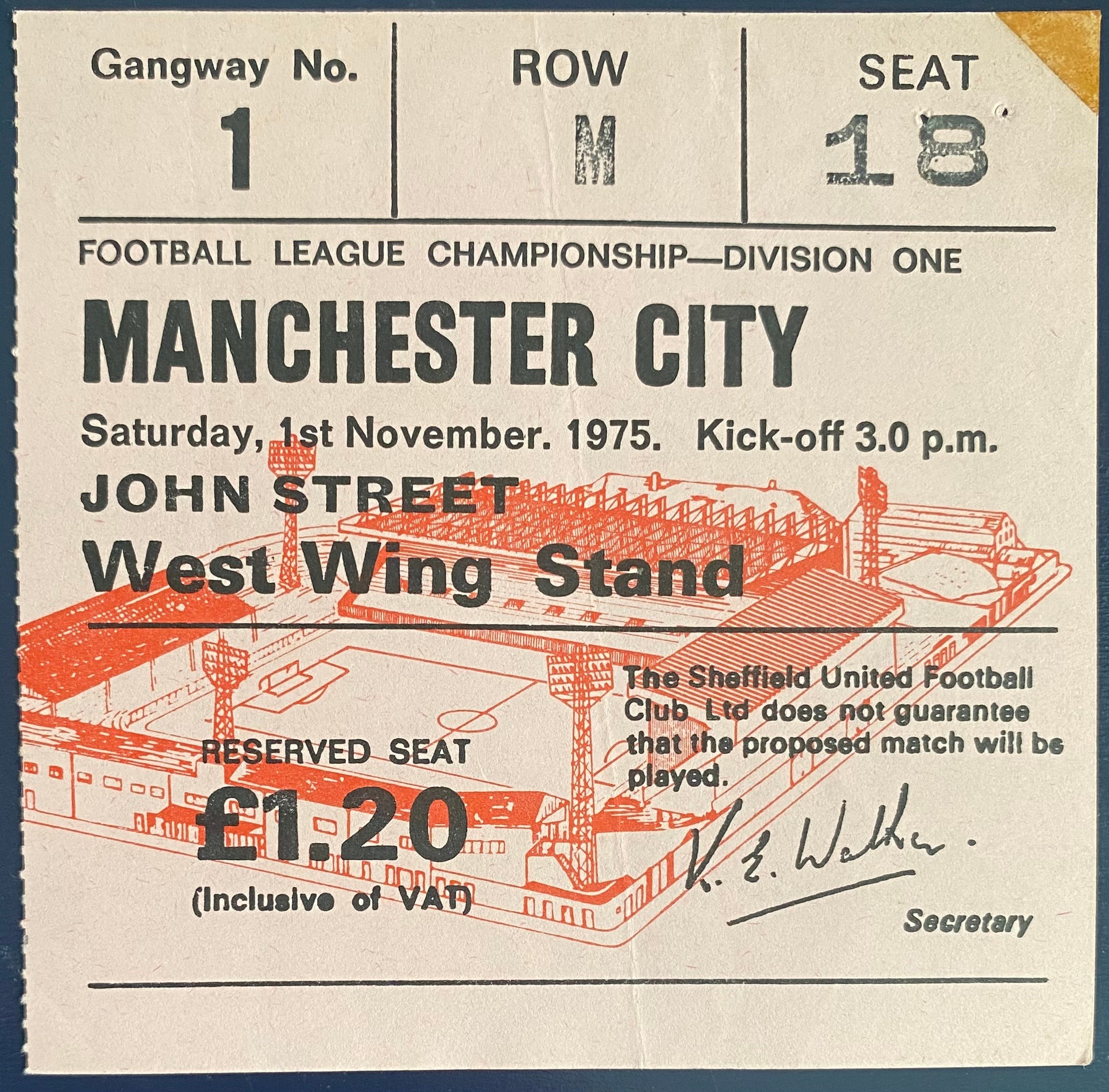 1975/76 ORIGINAL DIVISION 1 TICKET SHEFFIELD UNITED V MANCHESTER CITY