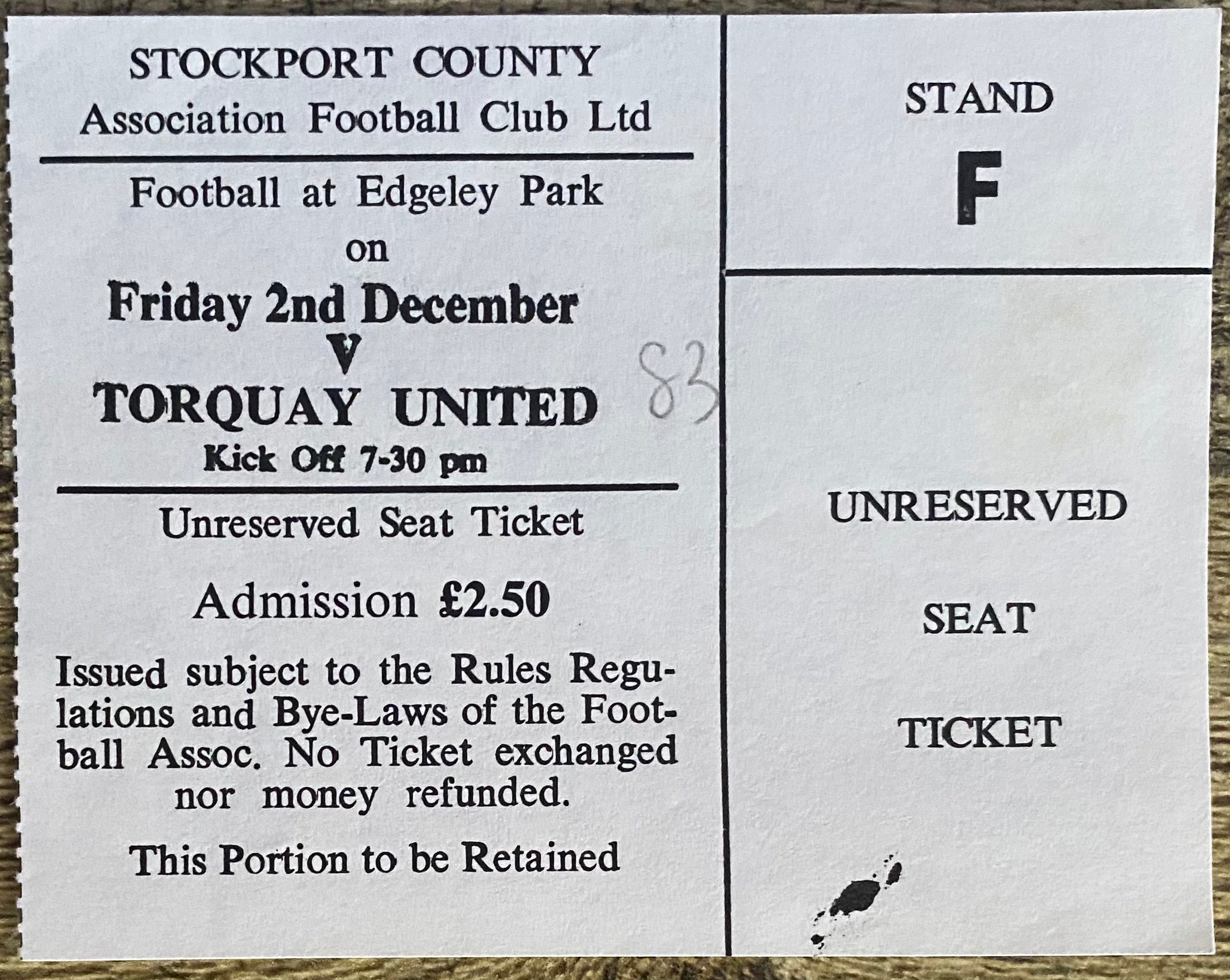 1983/84 ORIGINAL DIVISION 4 TICKET STOCKPORT COUNTY V TORQUAY UNITED