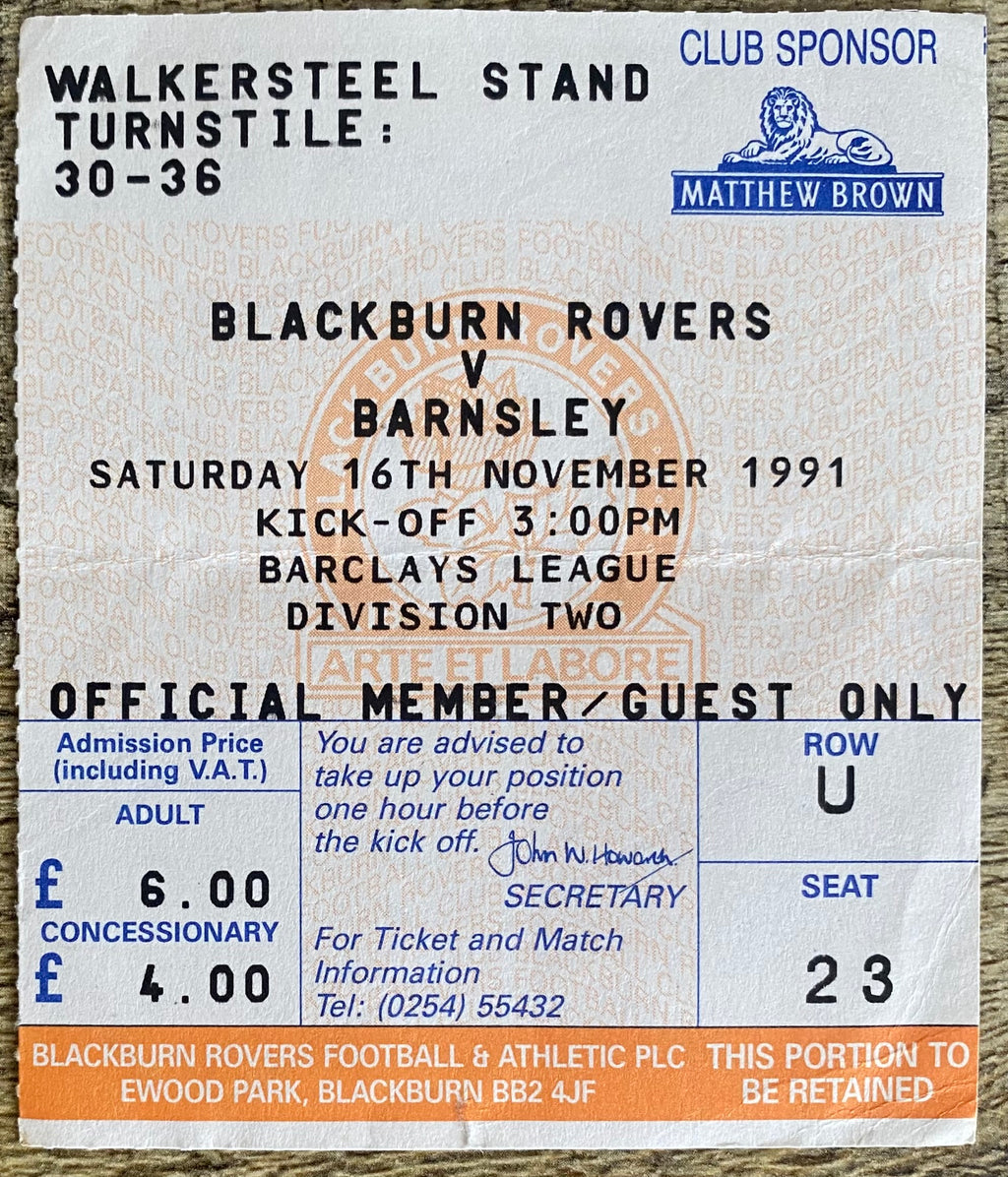 1991/92 ORIGINAL DIVISION 2 TICKET BLACKBURN ROVERS V BARNSLEY