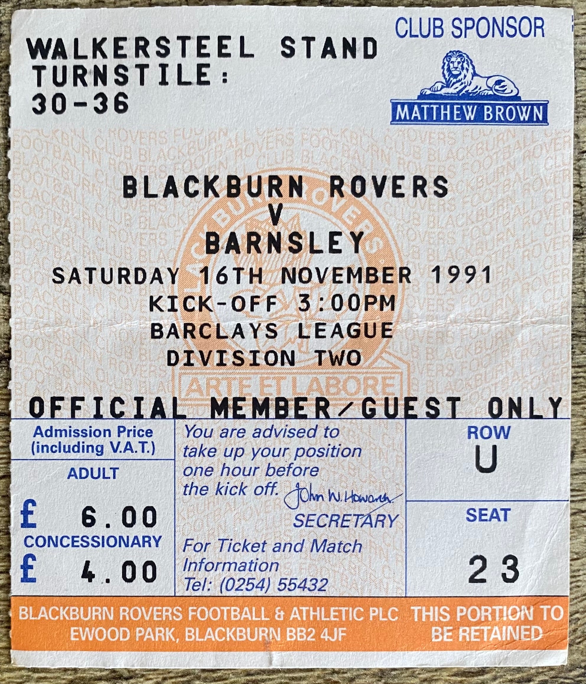 1991/92 ORIGINAL DIVISION 2 TICKET BLACKBURN ROVERS V BARNSLEY