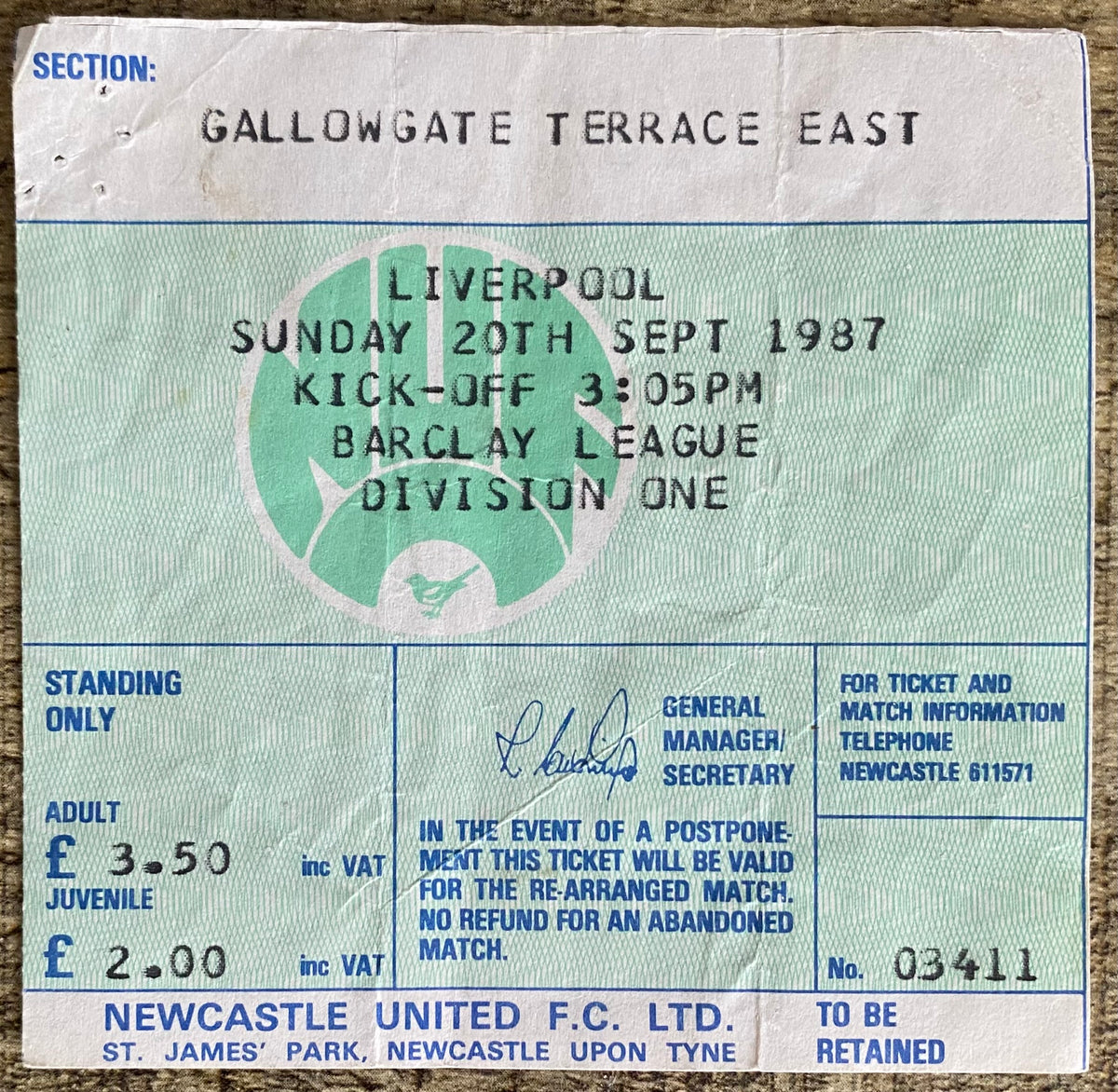 1987/88 ORIGINAL DIVISION ONE TICKET NEWCASTLE UNITED V LIVERPOOL