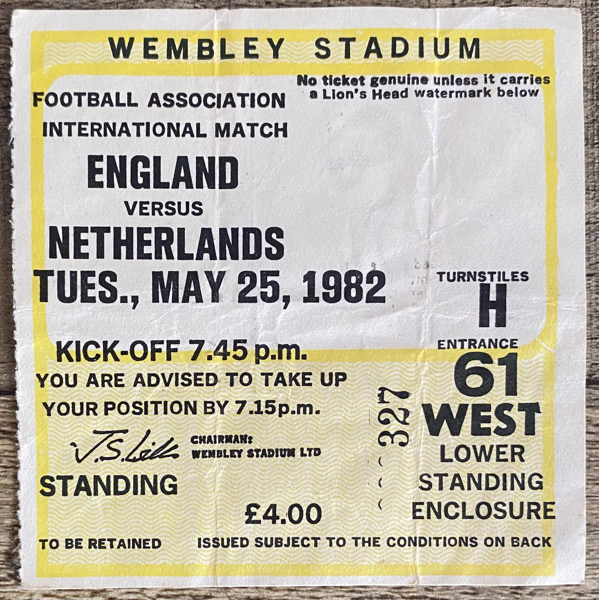 1982 ORIGINAL INTERNATIONAL TICKET ENGLAND V NETHERLANDS