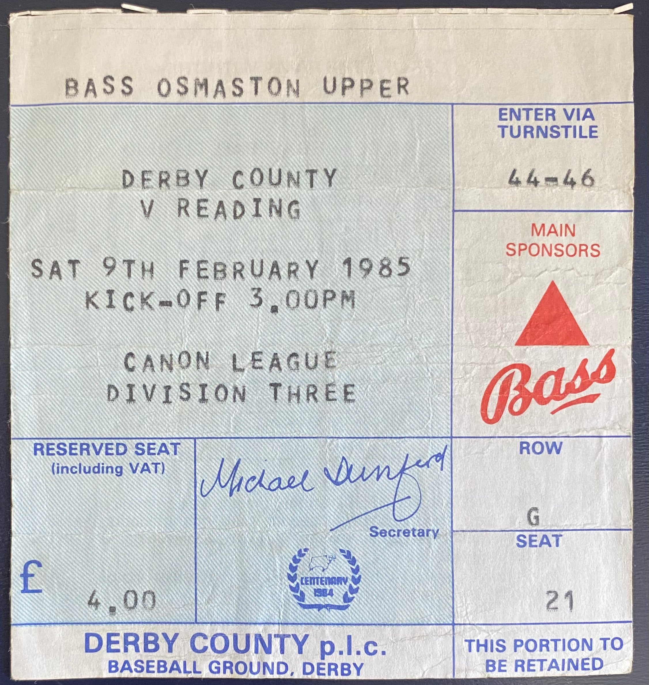 1984/85 ORIGINAL DIVISION 3 TICKET DERBY COUNTY V READING