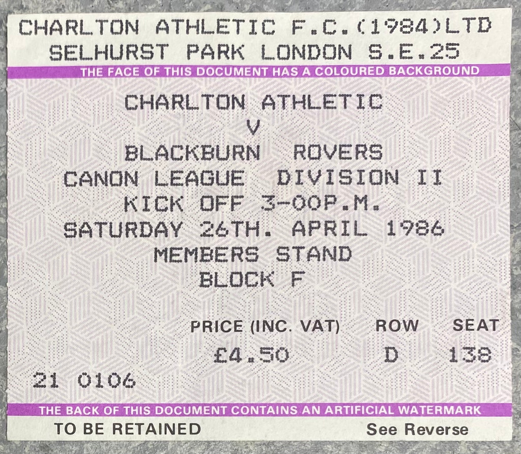 1985/86 ORIGINAL DIVISION TWO TICKET CHARLTON ATHLETIC V BLACKBURN ROVERS