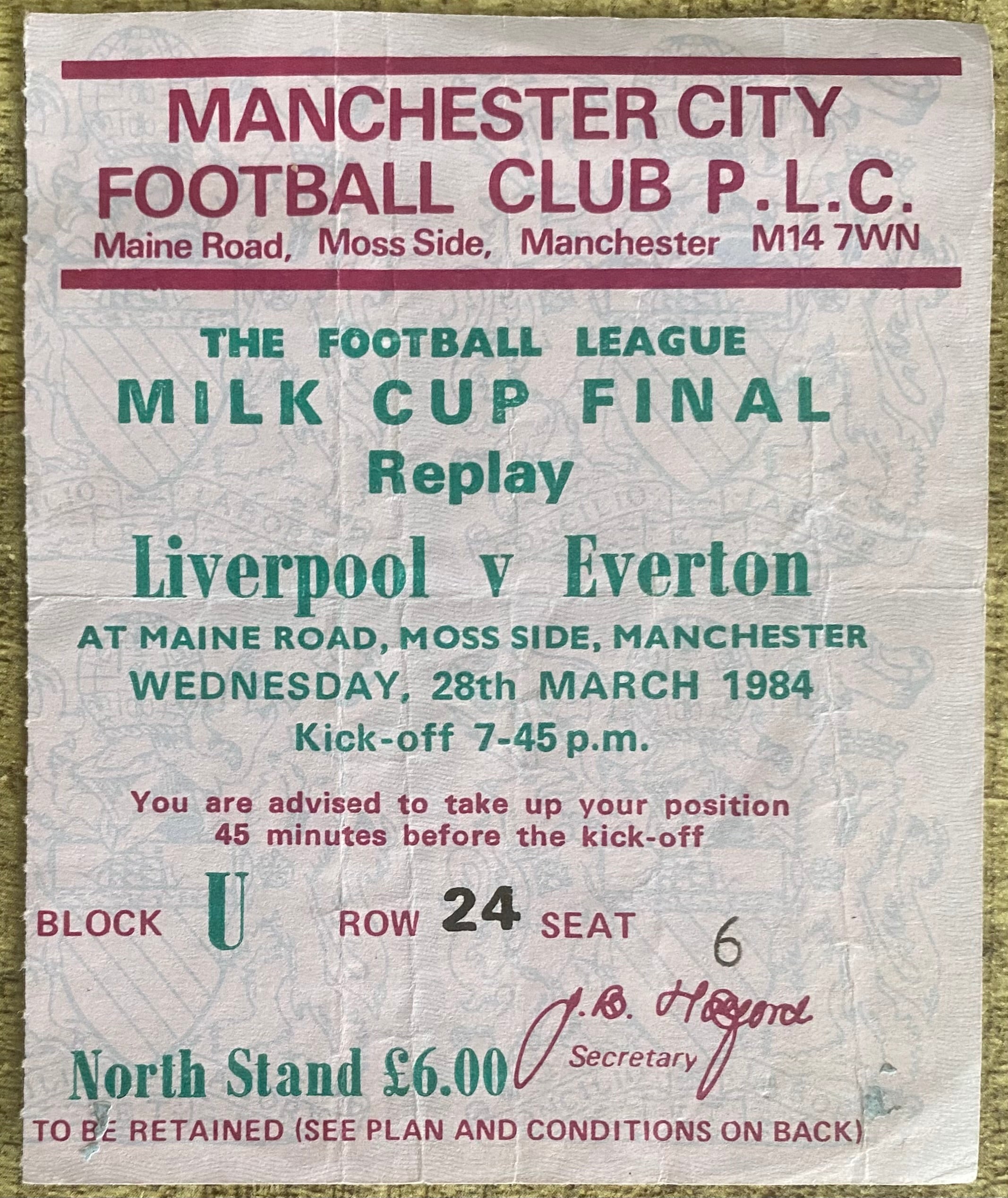1984 ORIGINAL MILK CUP FINAL REPLAY TICKET LIVERPOOL V EVERTON @ MAINE ROAD