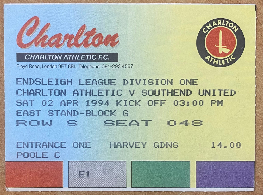 1993/94 ORIGINAL DIVISION 1 TICKET CHARLTON ATHLETIC V SOUTHEND UNITED