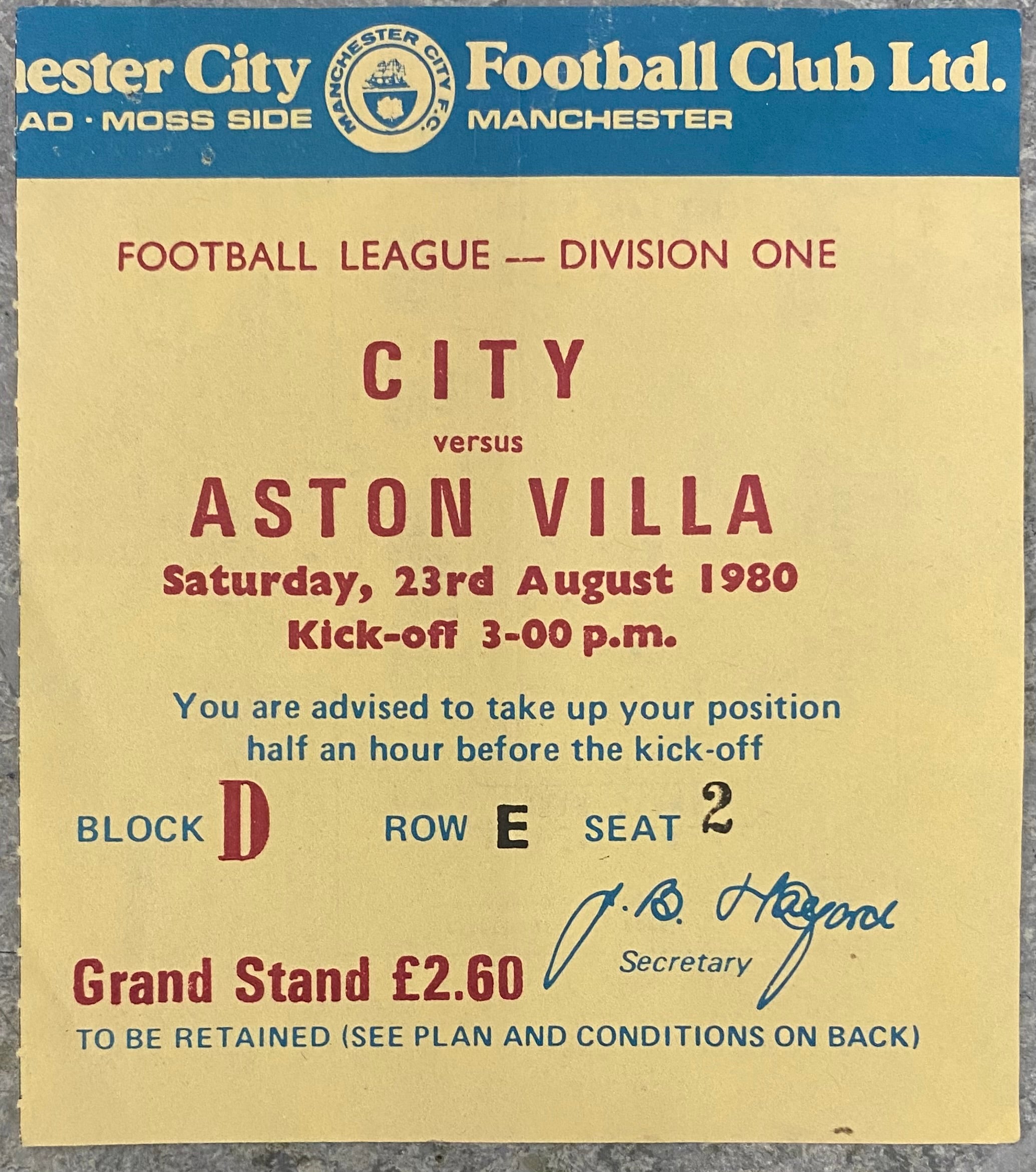 1980/81 ORIGINAL DIVISION 1 TICKET MANCHESTER CITY V ASTON VILLA