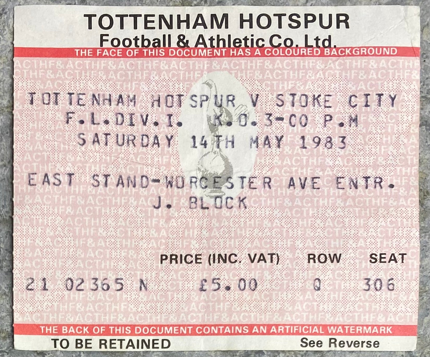 1982/83 ORIGINAL DIVISION ONE TICKET TOTTENHAM HOTSPUR V STOKE CITY