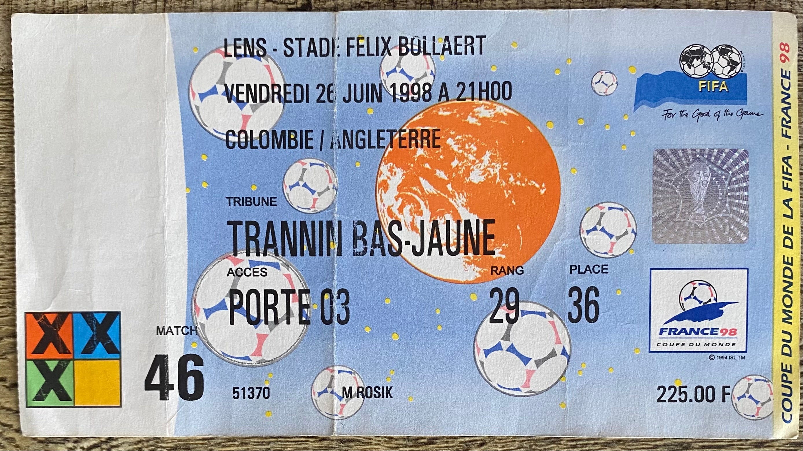 1998 ORIGINAL WORLD CUP 1ST ROUND TICKET ENGLAND V COLOMBIA @ LENS