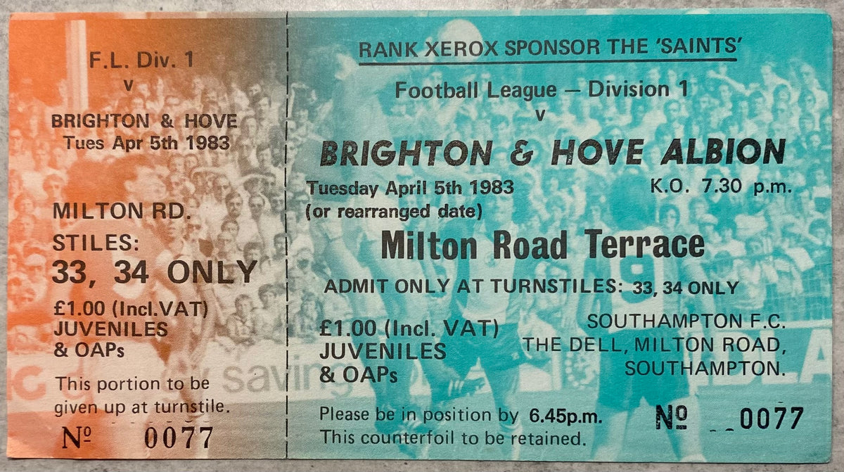 1982/83 ORIGINAL DIVISION 1 UNUSED TICKET SOUTHAMPTON V BRIGHTON AND HOVE ALBION