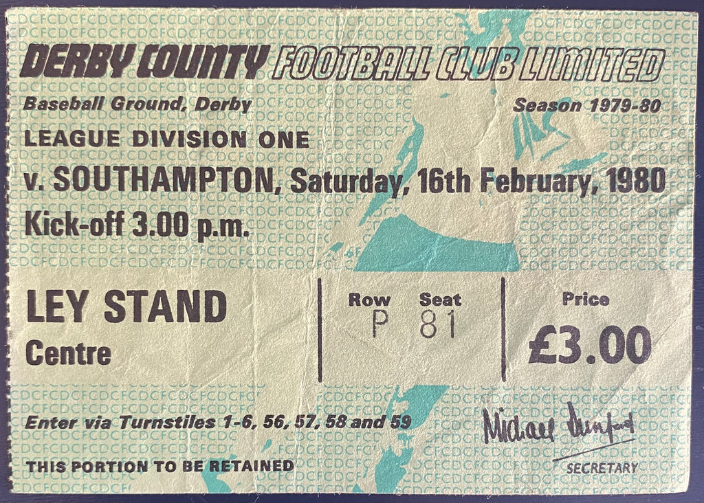 1979/80 ORIGINAL DIVISION 1 TICKET DERBY COUNTY V SOUTHAMPTON