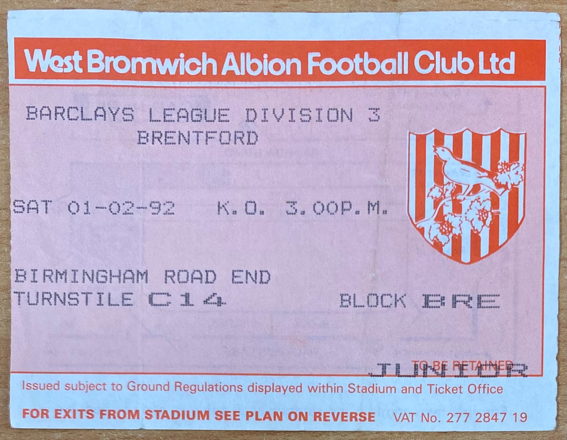 1991/92 ORIGINAL DIVISION 3 TICKET WEST BROMWICH ALBION V BRENTFORD