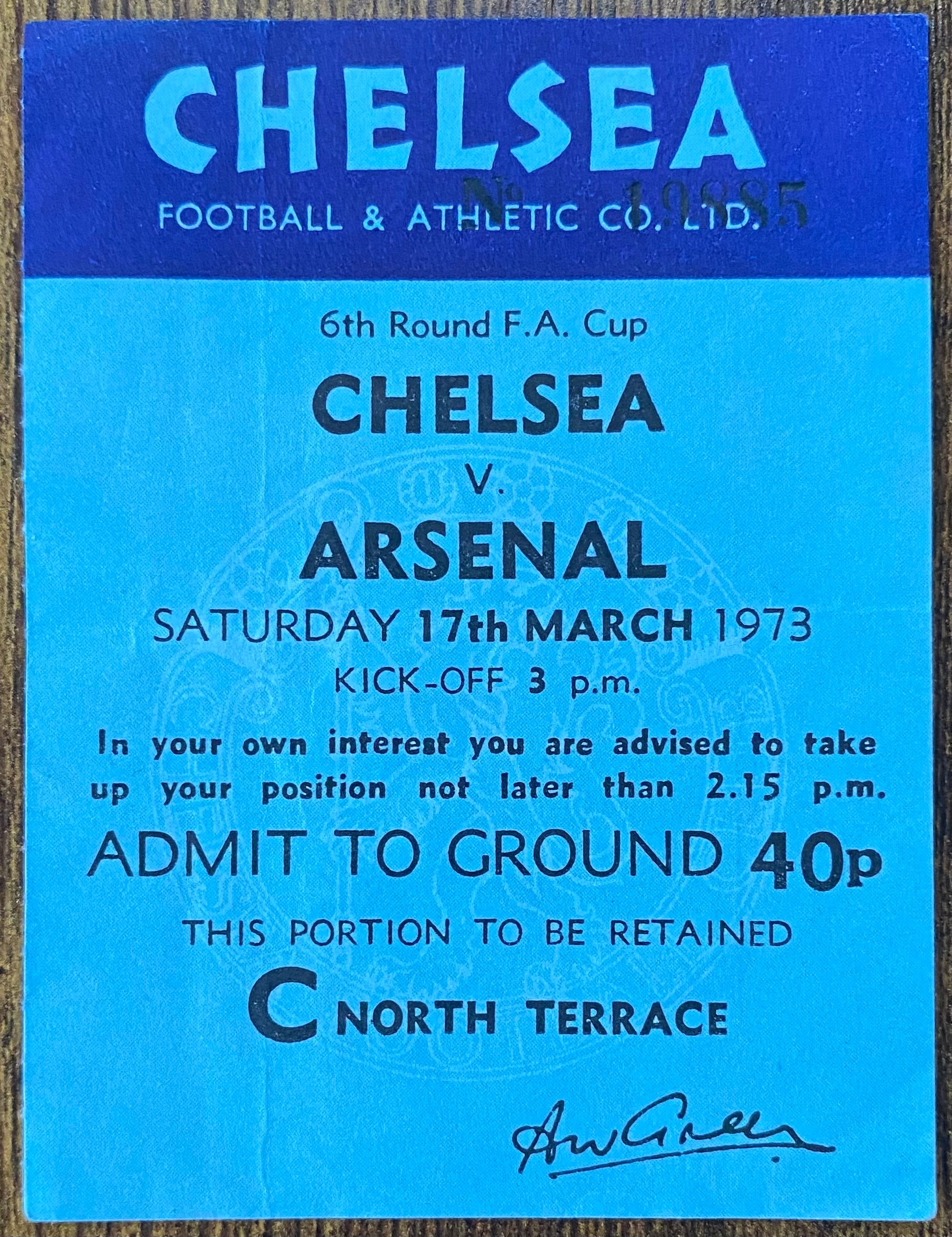 1972/73 ORIGINAL FA CUP 6TH ROUND TICKET CHELSEA V ARSENAL