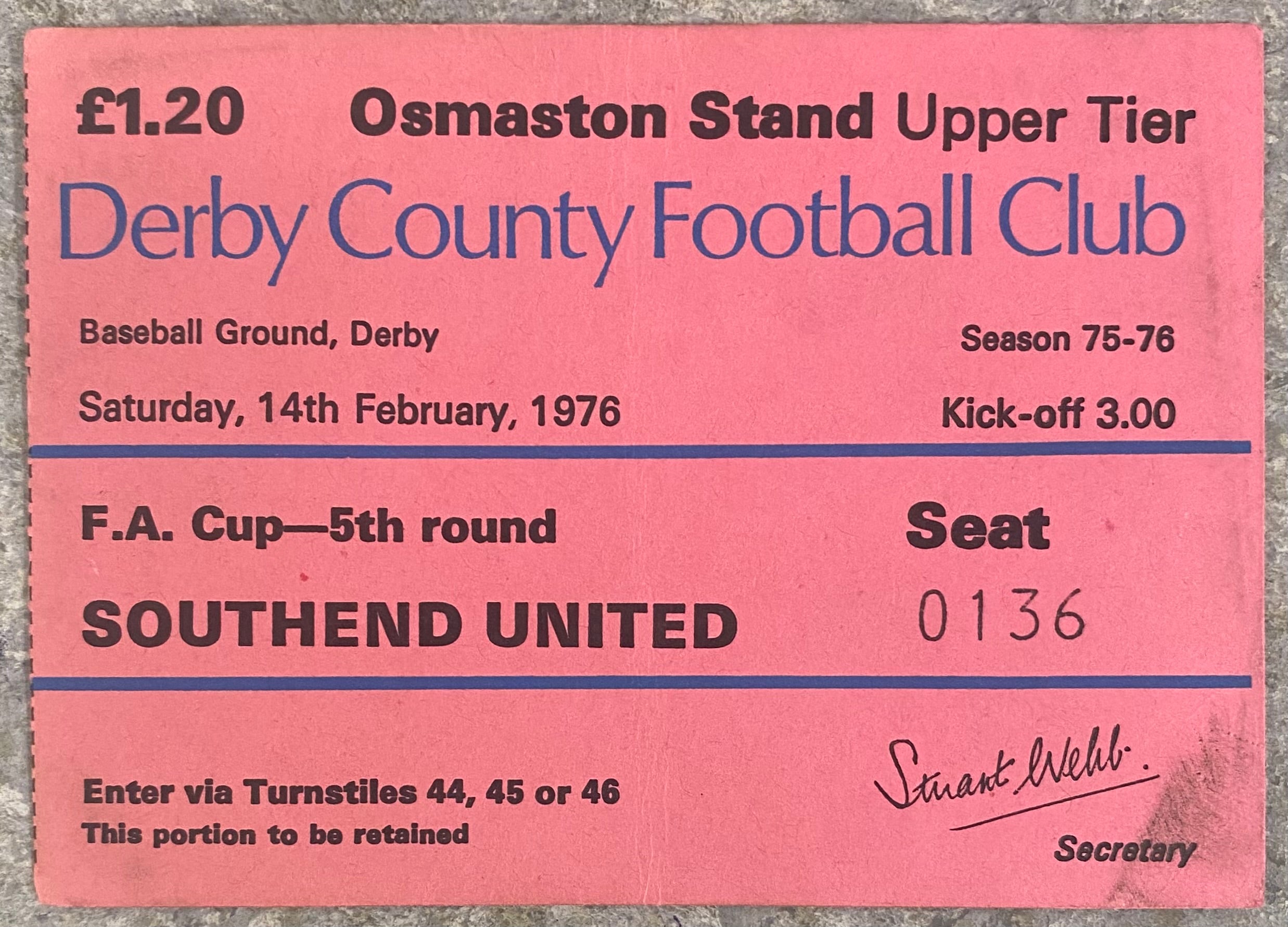 1975/76 ORIGINAL FA CUP 5TH ROUND TICKET DERBY COUNTY V SOUTHEND UNITED