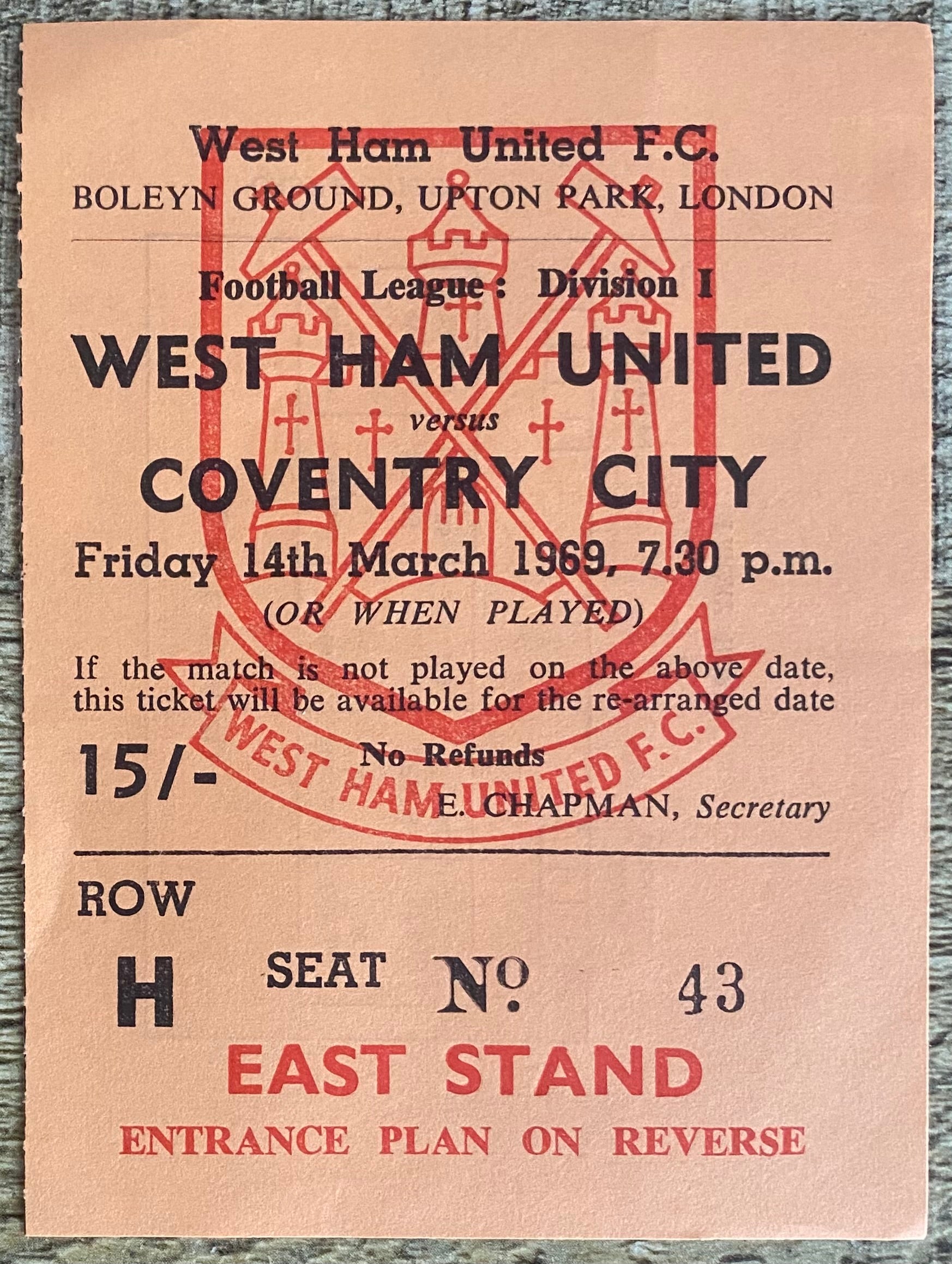 1968/69 ORIGINAL DIVISION 1 TICKET WEST HAM UNITED V COVENTRY CITY
