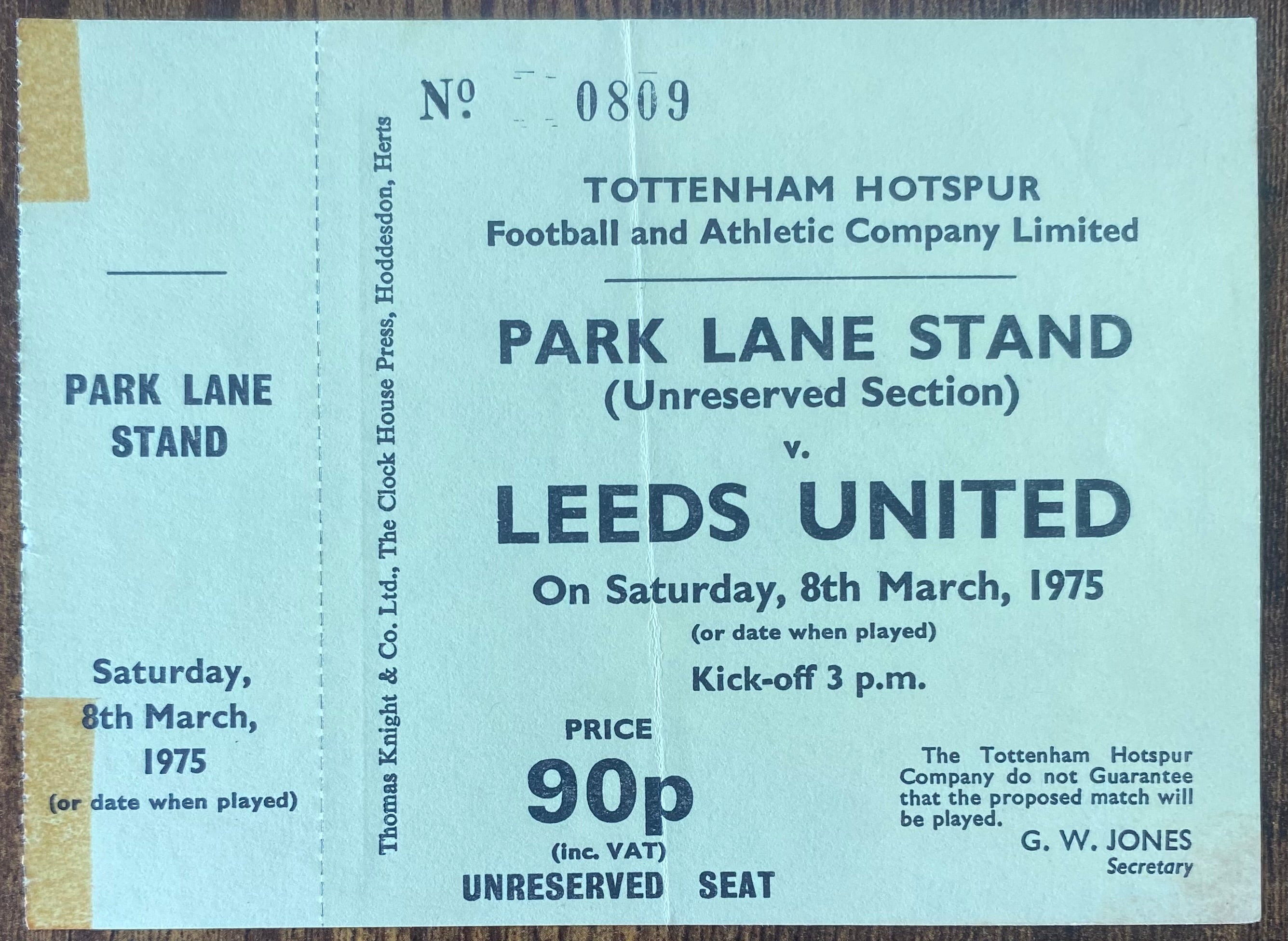 1974/75 ORIGINAL DIVISION ONE UNUSED TICKET TOTTENHAM HOTSPUR V LEEDS UNITED