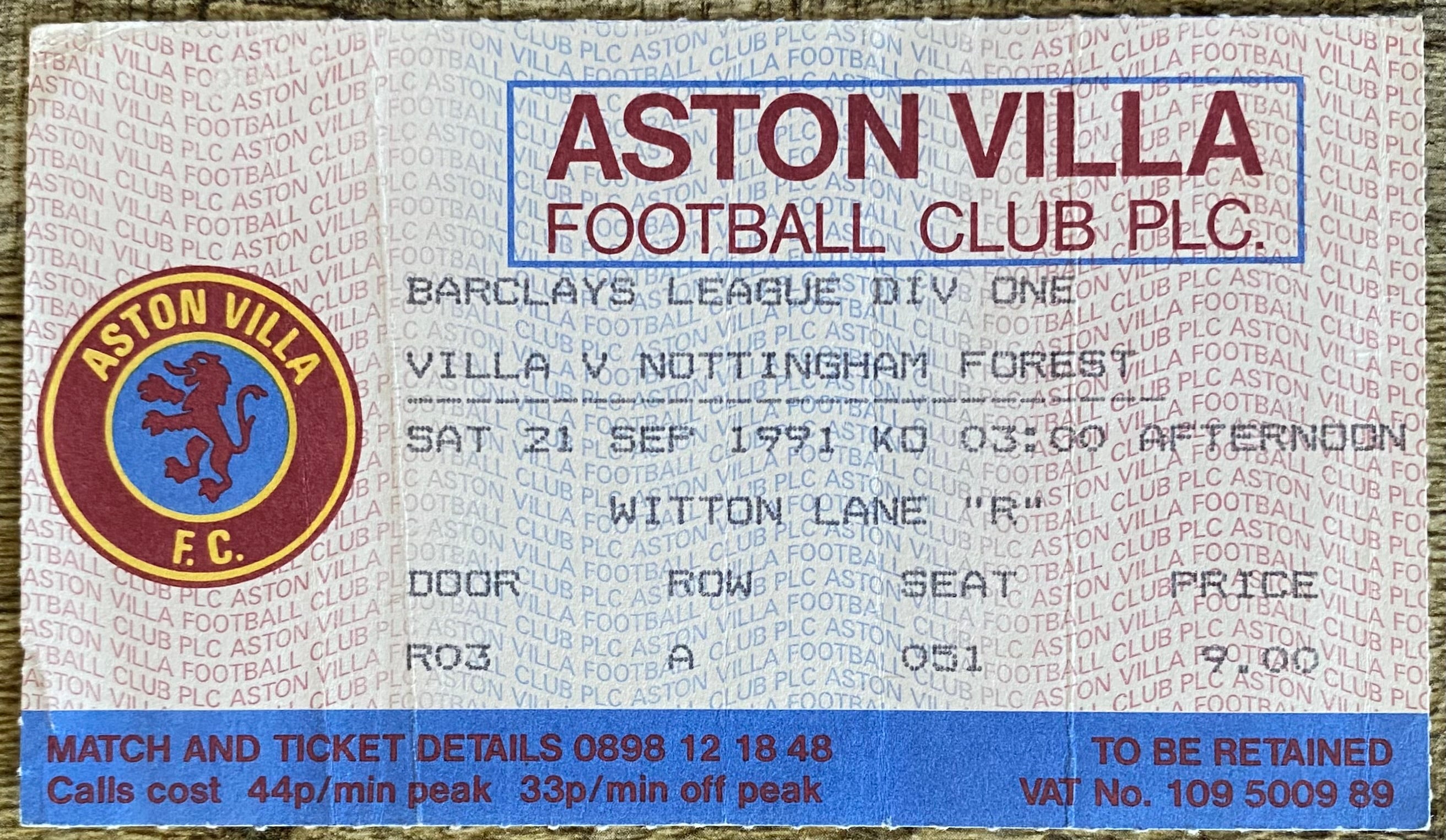 1991/92 ORIGINAL DIVISION 1 TICKET ASTON VILLA V NOTTINGHAM FOREST