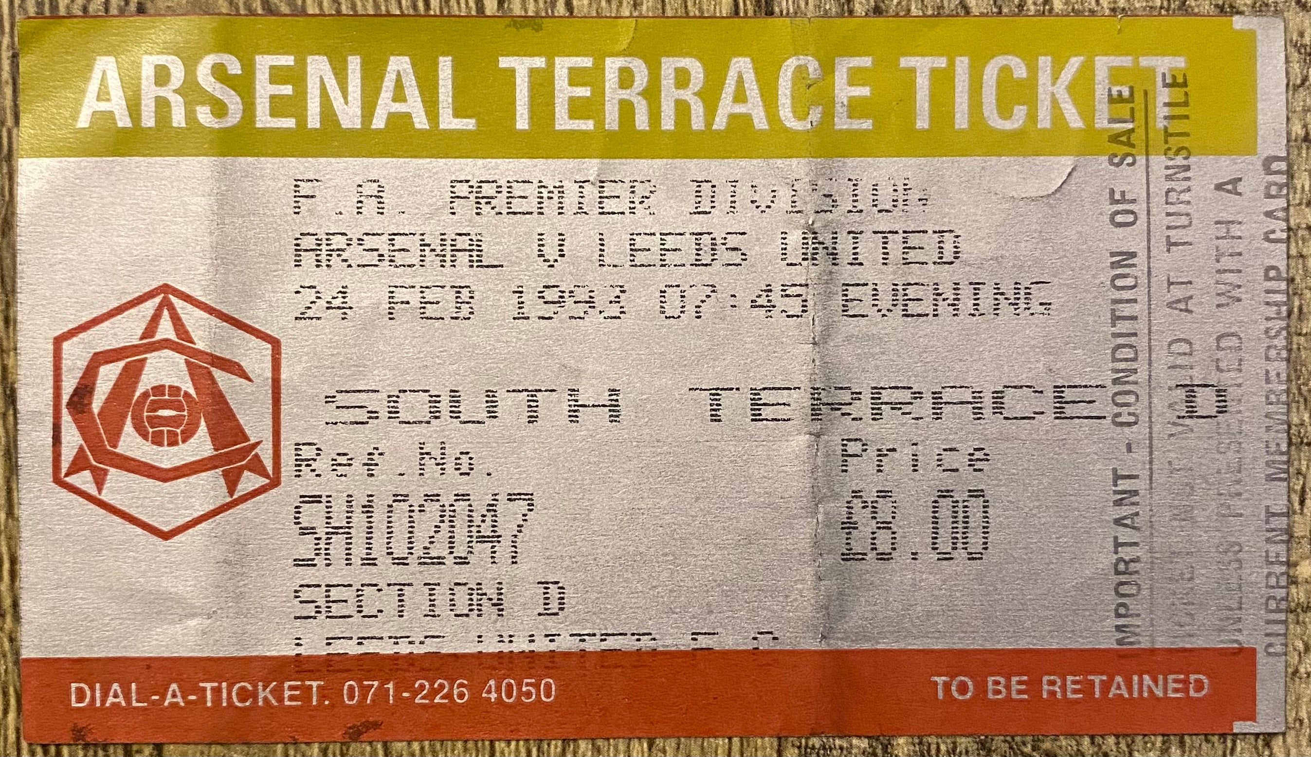 1992/93  ORIGINAL PREMIER LEAGUE TICKET ARSENAL V LEEDS UNITED