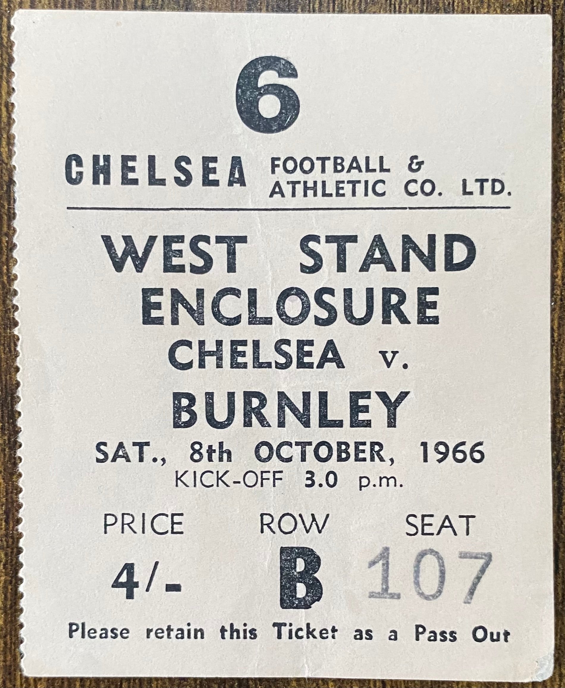 1966/67 ORIGINAL  DIVISION 1 TICKET CHELSEA V BURNLEY