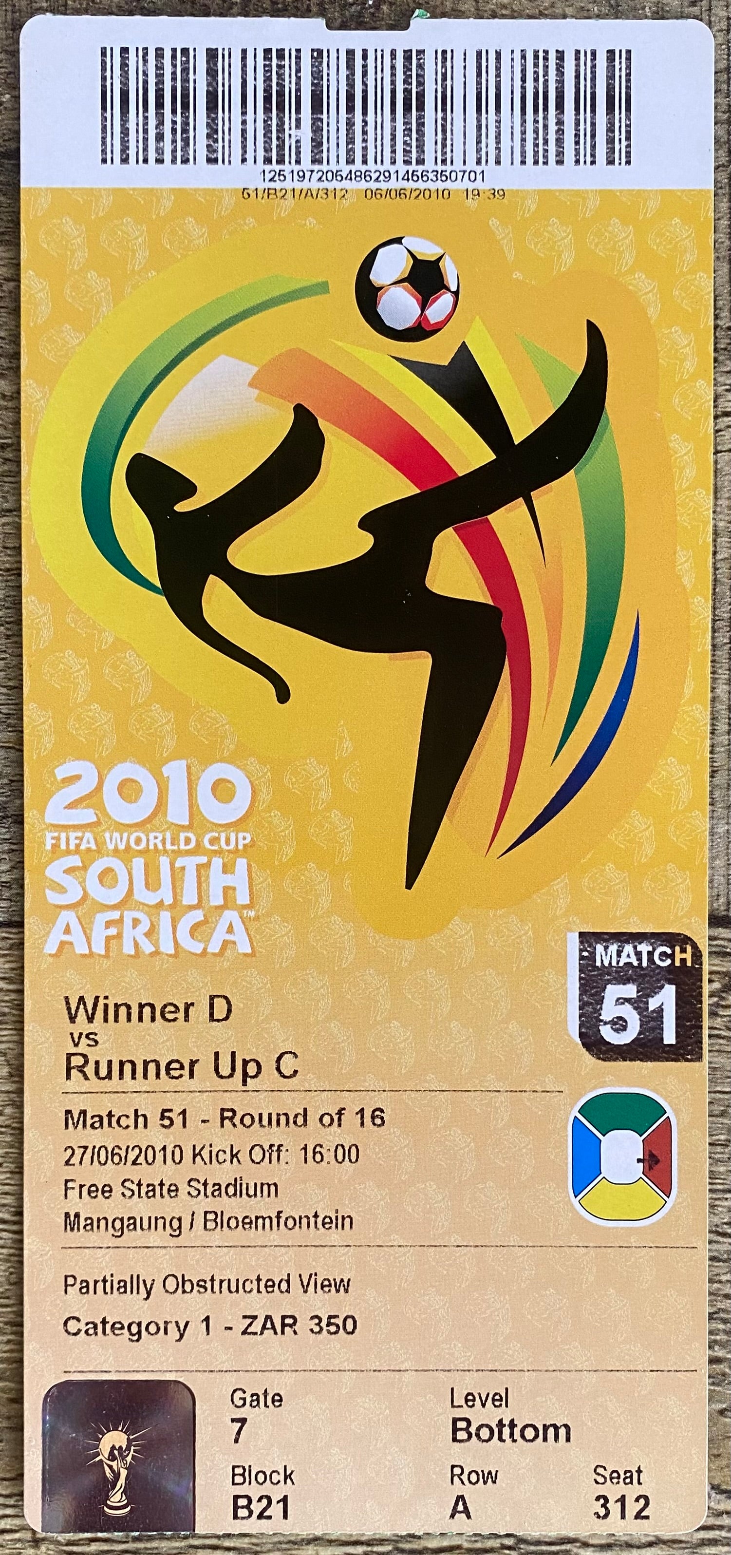2010 ORIGINAL WORLD CUP 2ND ROUND TICKET ENGLAND V GERMANY  @ BLOEMFONTAIN