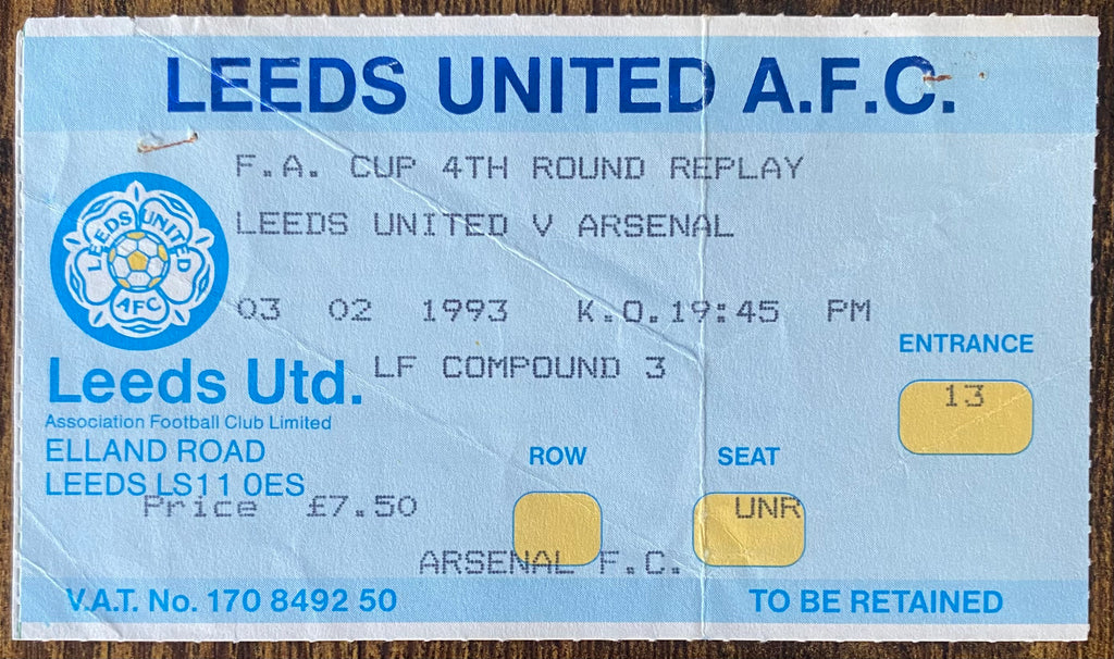1990/91 ORIGINAL FA CUP 4TH ROUND REPLAY TICKET LEEDS UNITED V ARSENAL