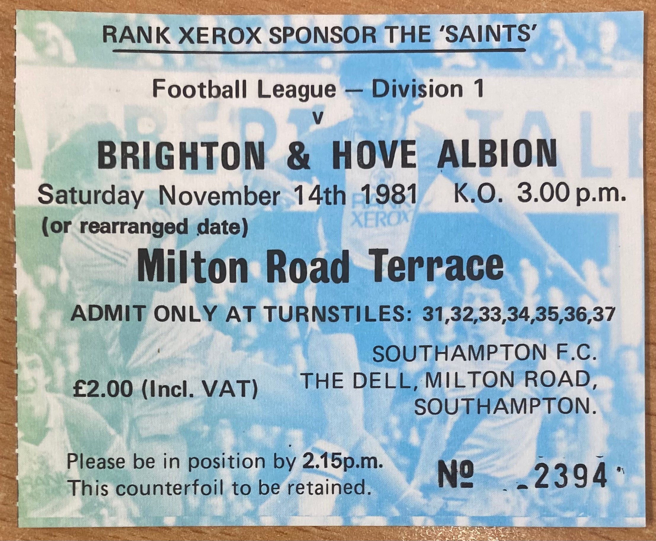 1981/82 ORIGINAL DIVISION ONE TICKET SOUTHAMPTON V BRIGHTON AND HOVE ALBION
