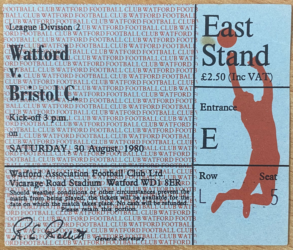 1980/81 ORIGINAL DIVISION TWO TICKET WATFORD V BRISTOL CITY