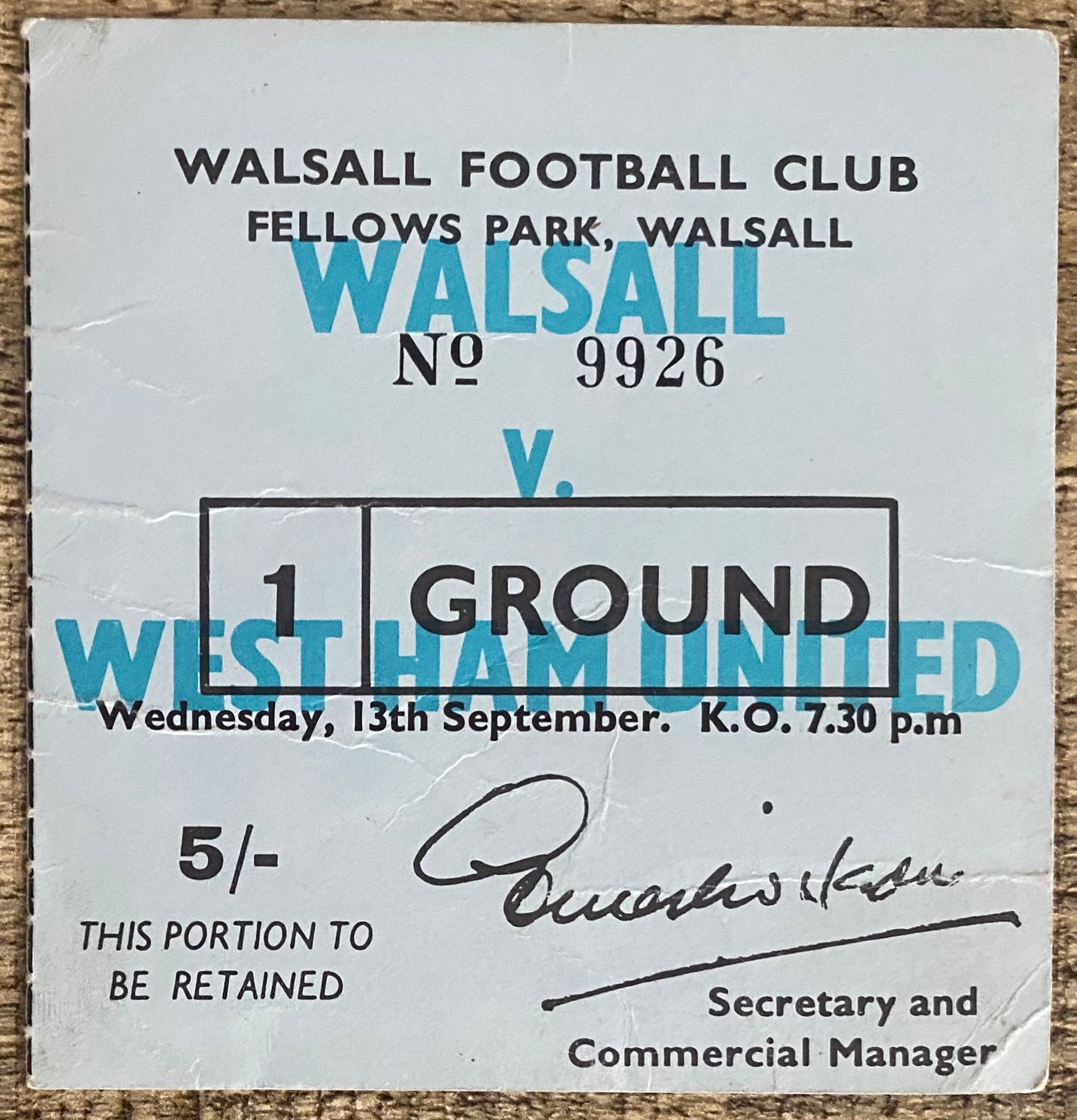 1967/68 ORIGINAL LEAGUE CUP 3RD ROUND TICKET WALSALL V WEST HAM UNITED