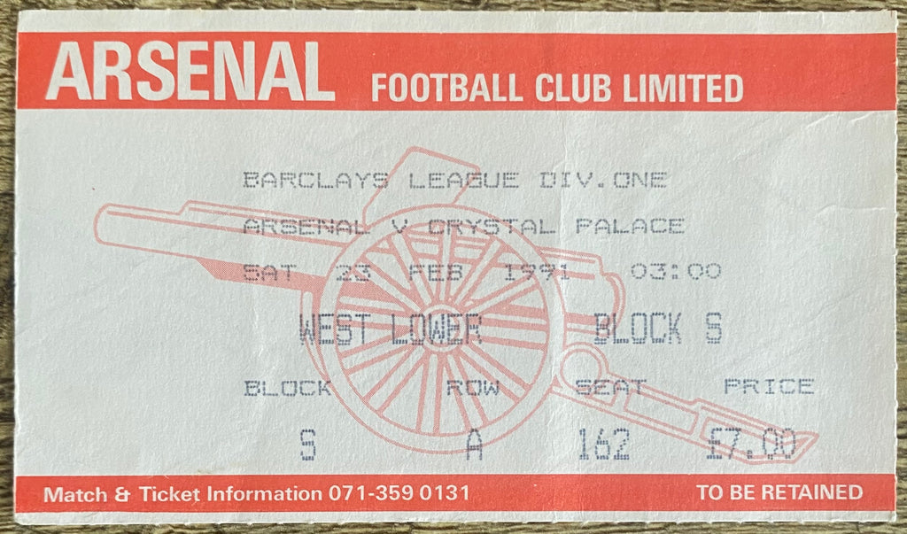 1990/91 ORIGINAL DIVISION ONE TICKET ARSENAL V CRYSTAL PALACE