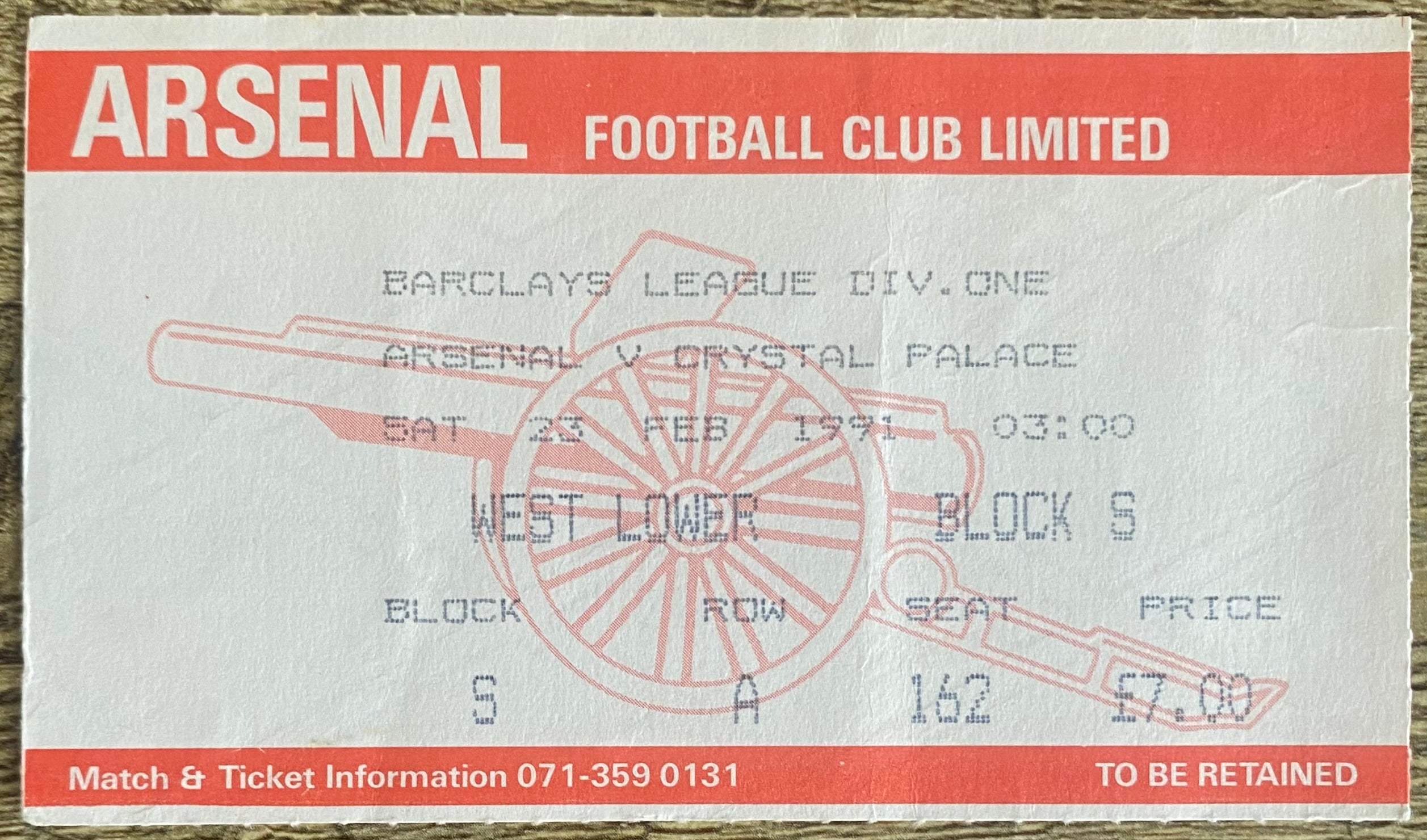 1990/91 ORIGINAL DIVISION ONE TICKET ARSENAL V CRYSTAL PALACE