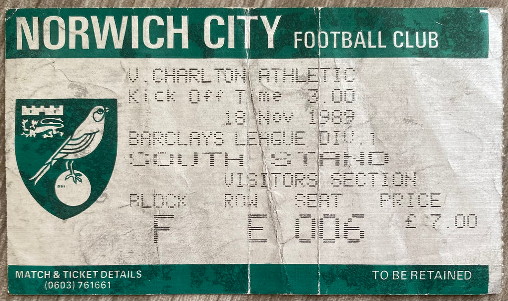 1989/90 ORIGINAL DIVISION ONE TICKET NORWICH CITY V CHARLTON ATHLETIC